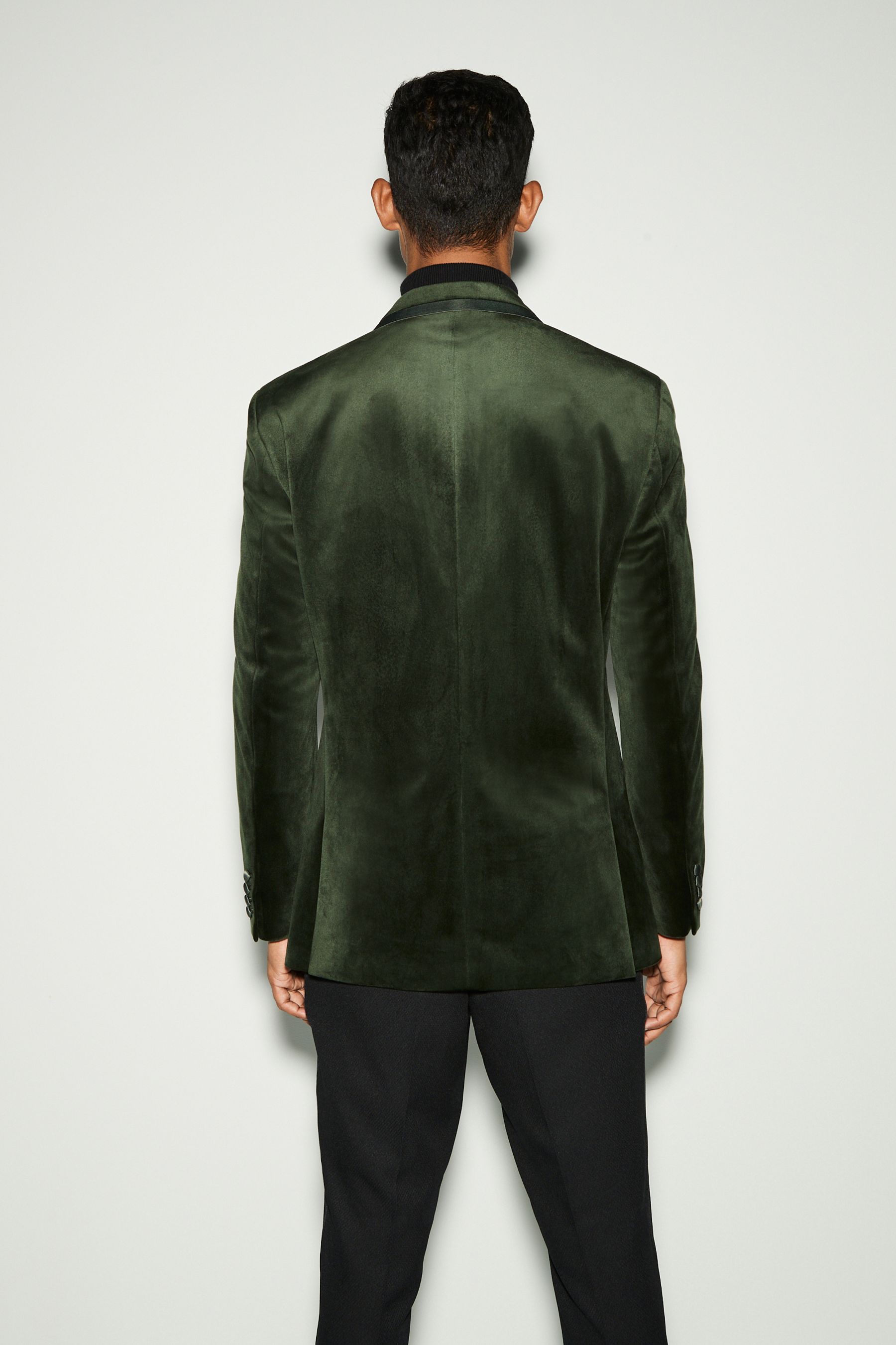 Khaki Green Regular Fit Self Lapel Velvet Blazer