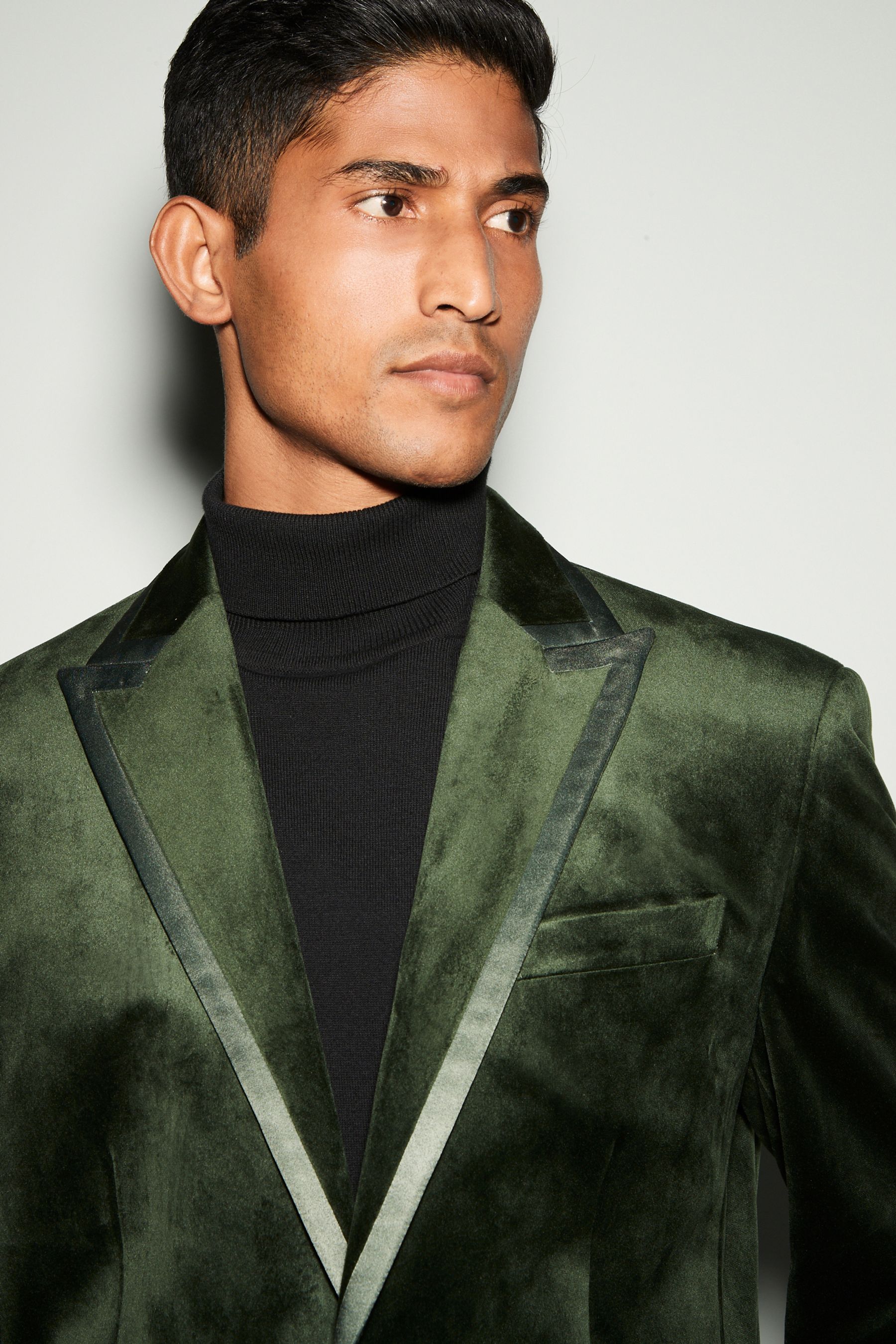 Next Khaki Green Regular Fit Self Lapel Velvet Blazer