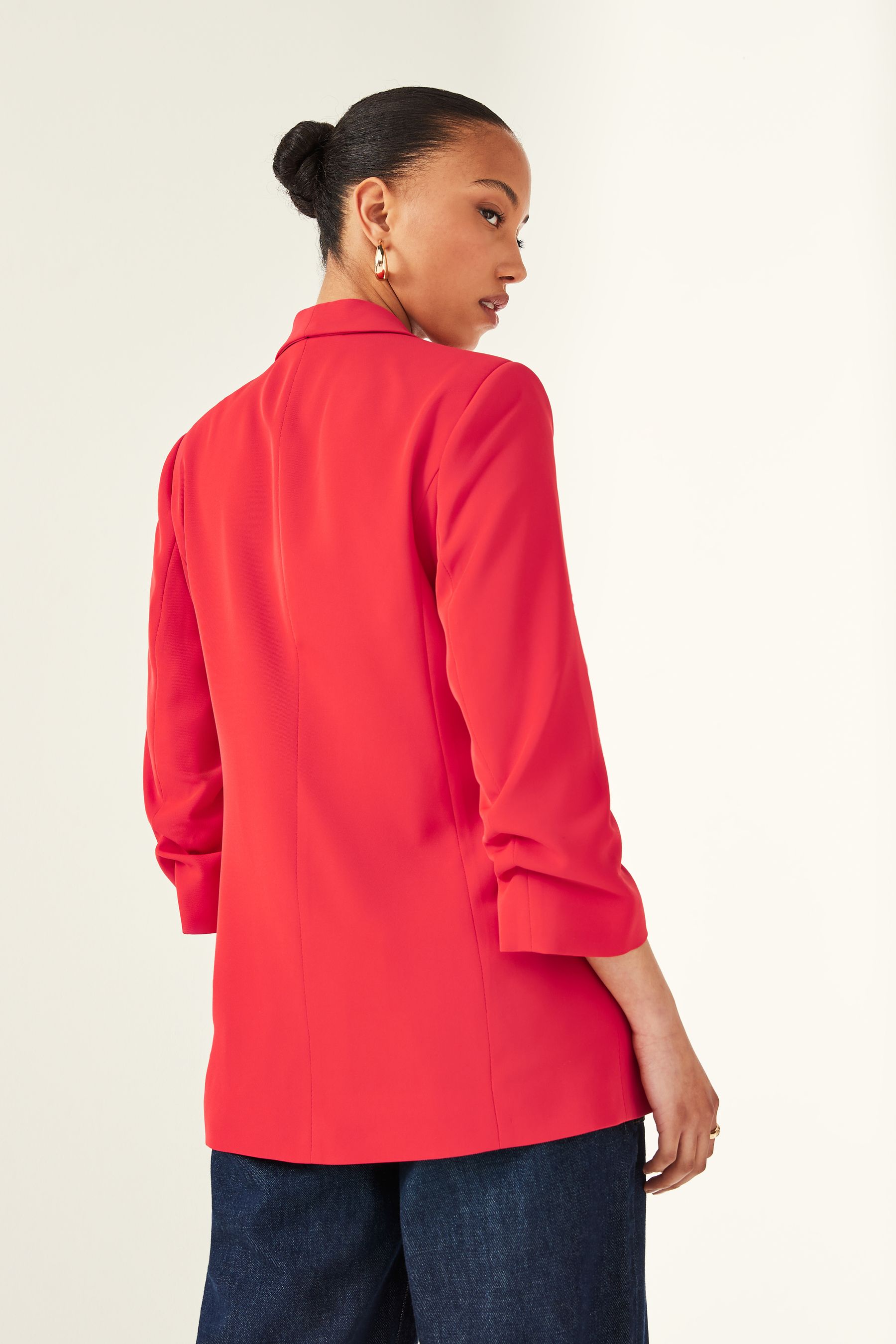 Red Relaxed Ruched Sleeve Blazer