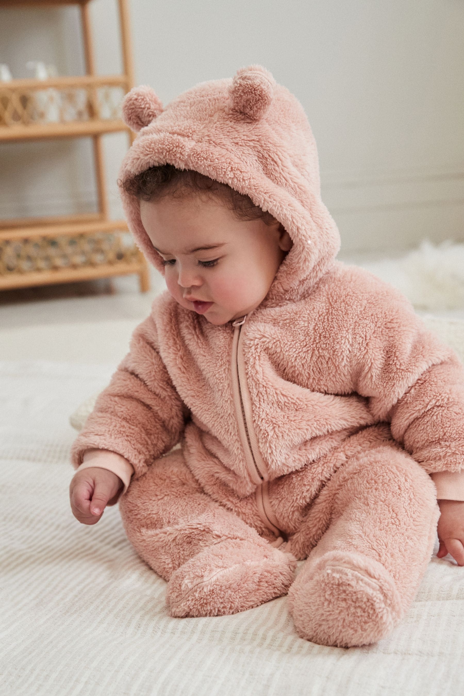 Buy Pink Baby Cosy Fleece Hooded All In One 0mths 2yrs from the Next UK online shop