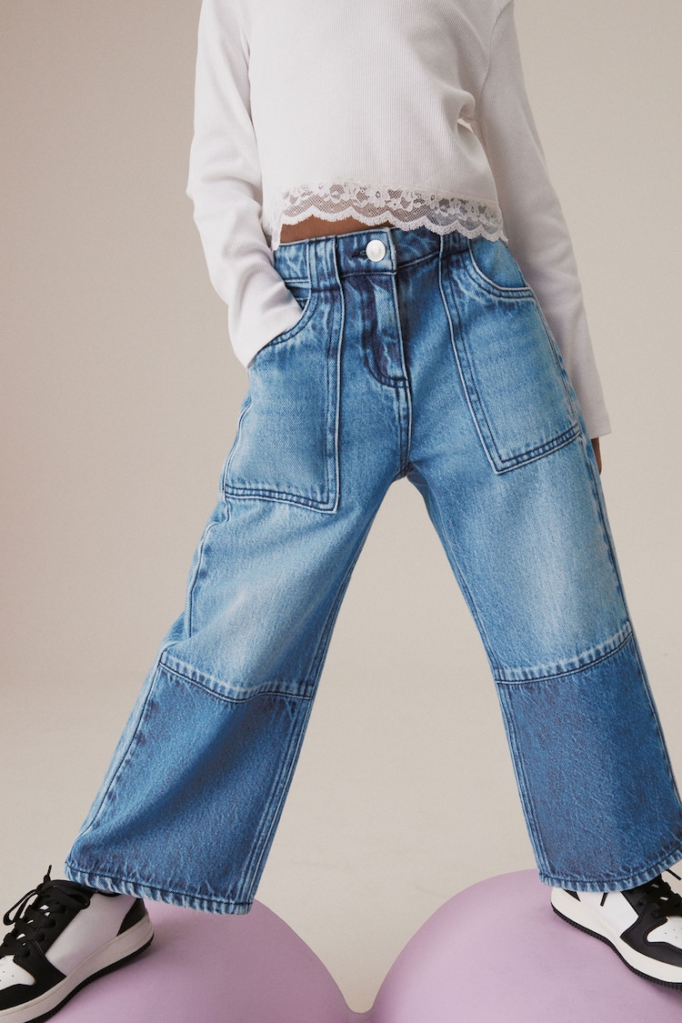 Denim albastru nuanță medie - Wide Leg 100% Cotton Jeans (3-16yrs) - Image 1 of 7