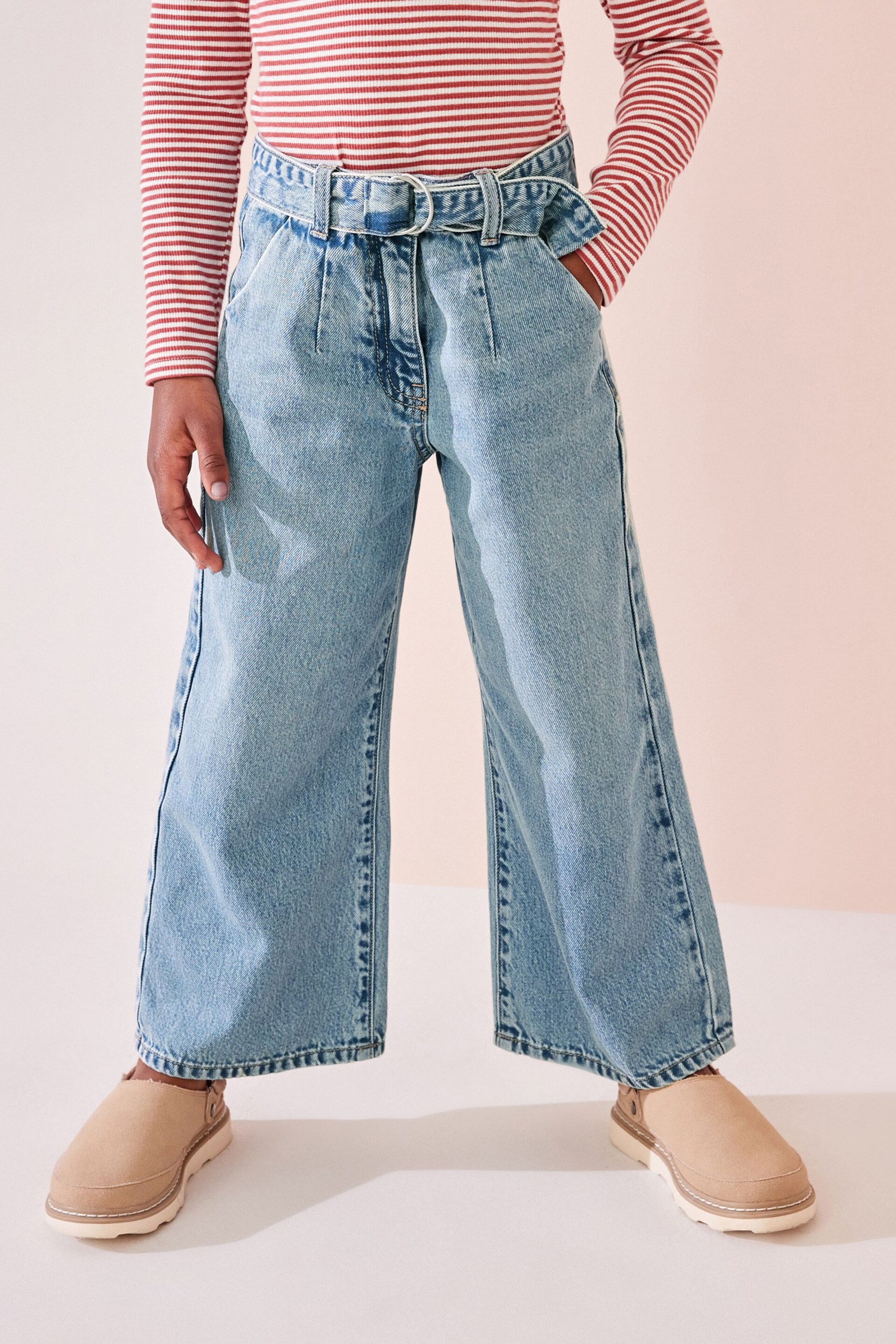 Denim Lightwash Wide Leg Jeans With Belt (3-16yrs) - Image 1 of 7