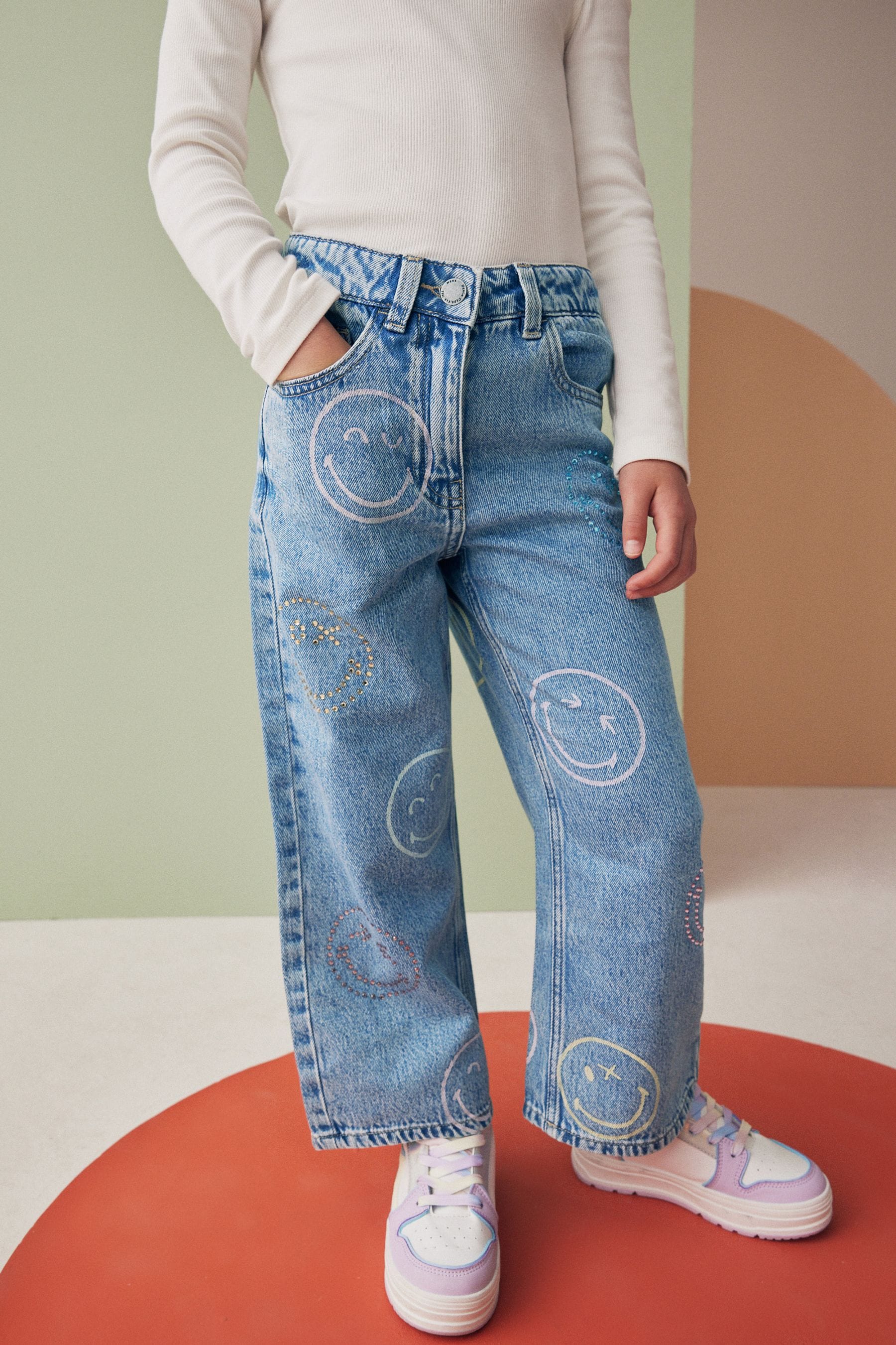 NEXT Mid Blue Denim Smiley World Wide Leg 100 Cotton Jeans 3 16yrs 16 Yrs Girls