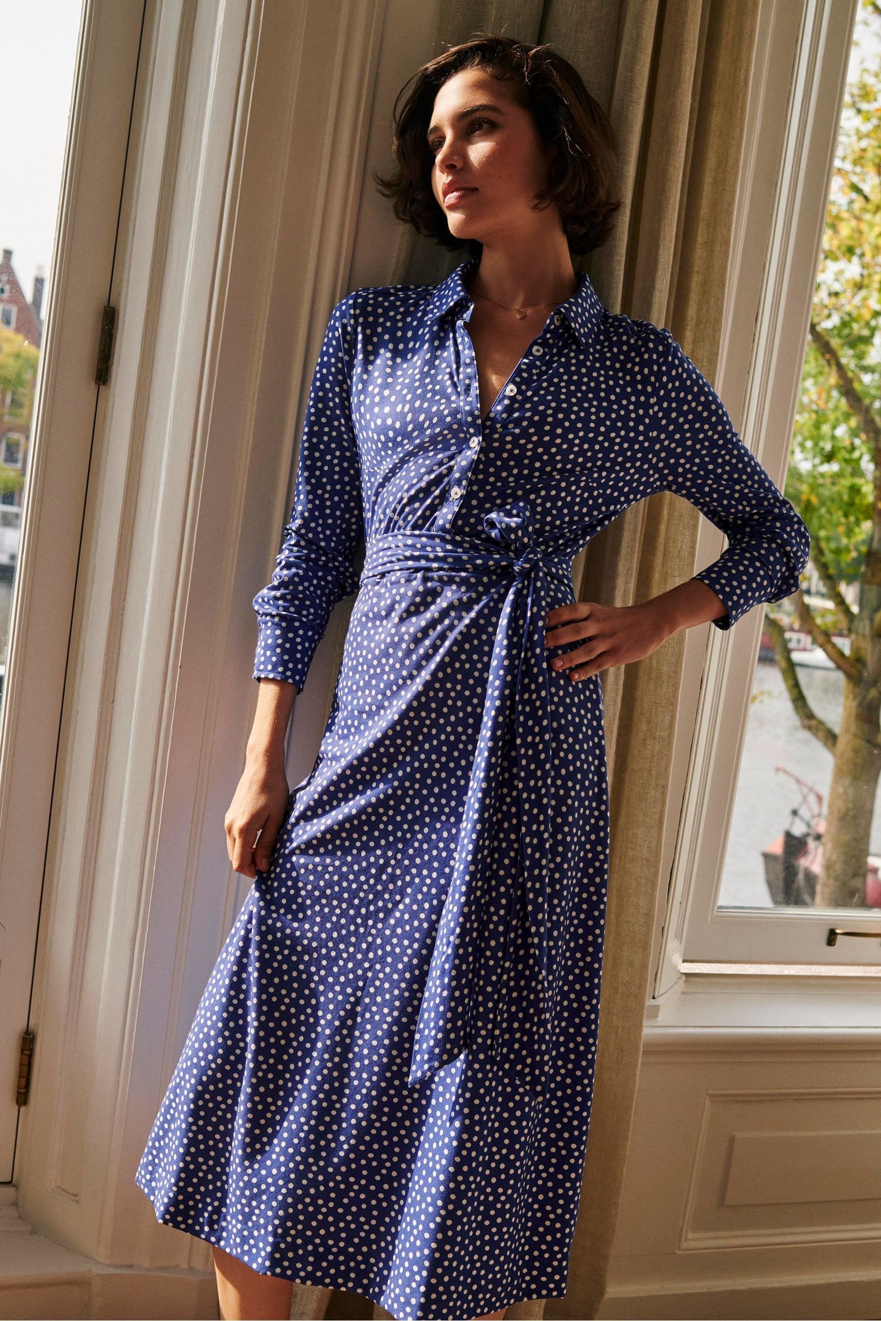 Buy Boden Blue Spot Laura Jersey Midi Shirt Dress from Next Luxembourg