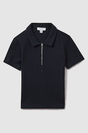 Reiss Navy Felix Junior Textured Cotton Half-Zip Polo Shirt - Image 2 of 4