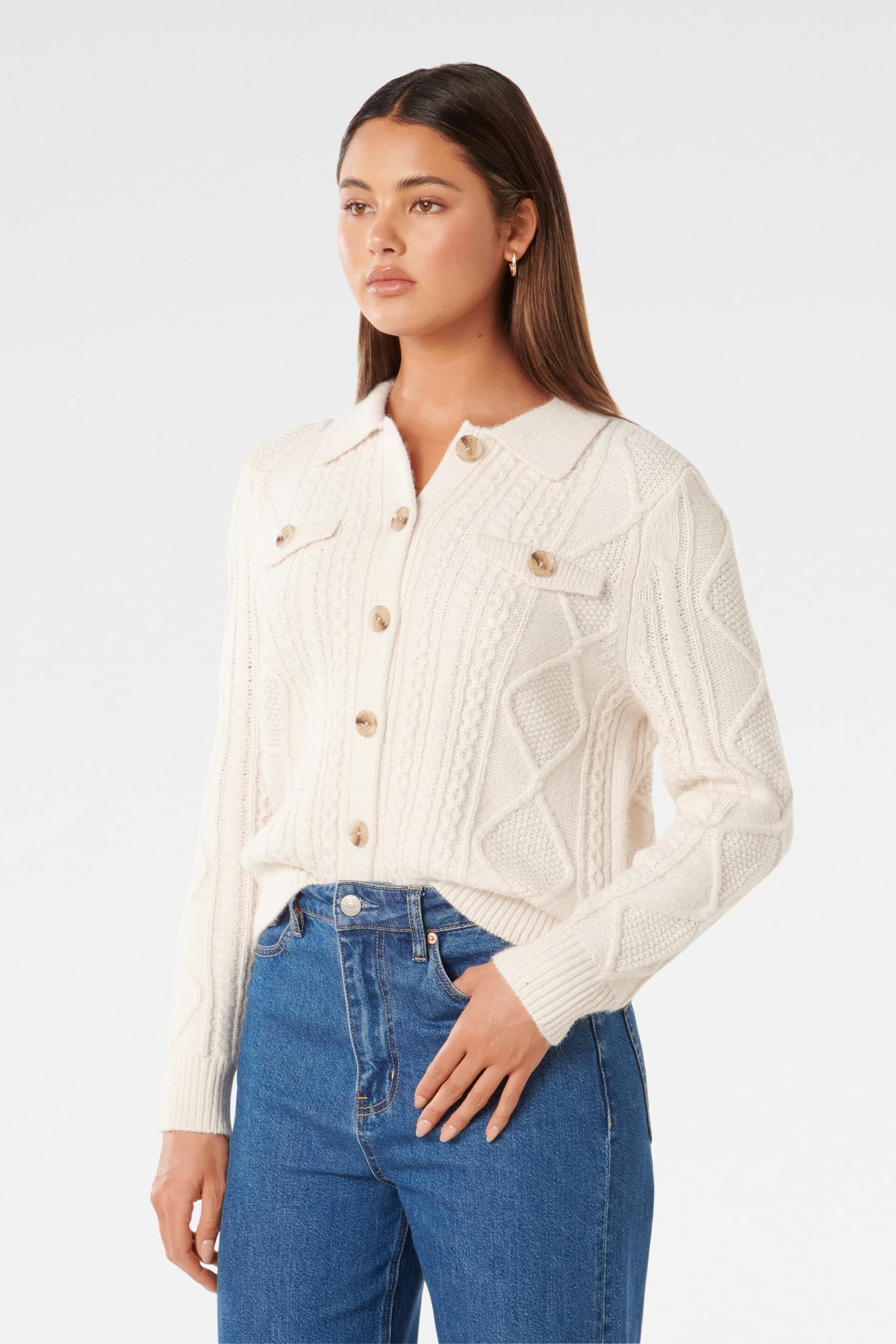 Forever New White Cassie Cable Knit Cardigan - Image 3 of 5