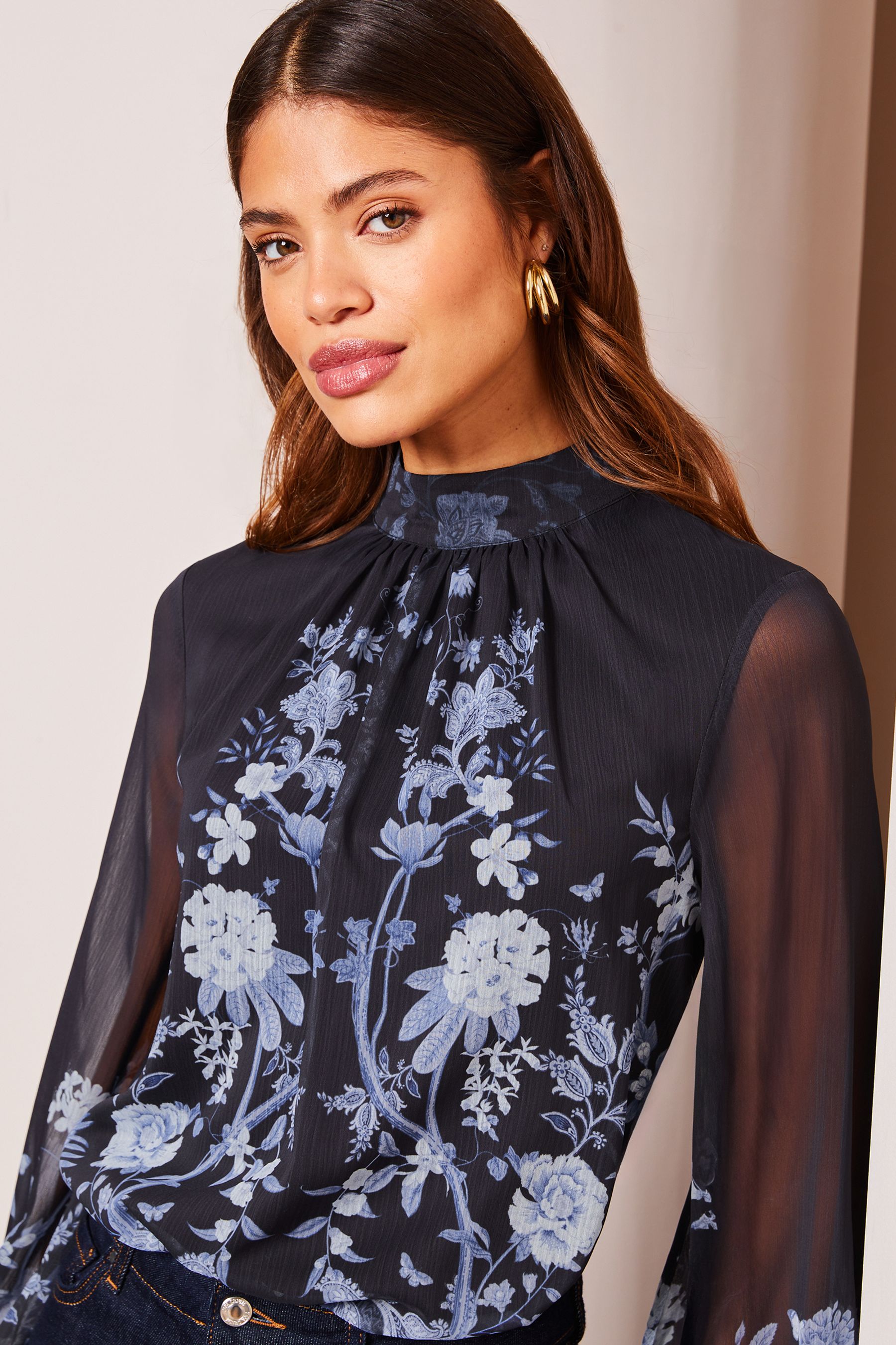 Buy Lipsy Blue High Neck Long Sleeve Blouse from Next Luxembourg