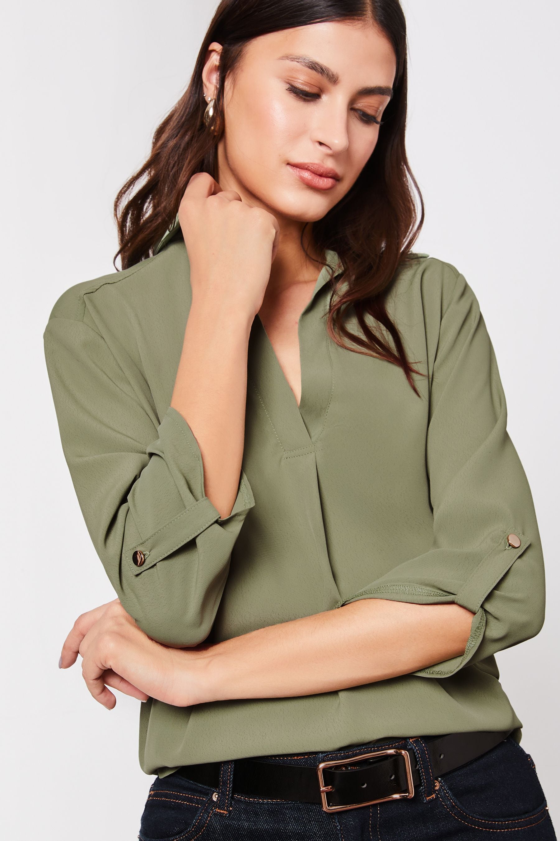 Buy Lipsy Moss Green Petite V Neck 3 4 Sleeve Collared Blouse from Next Luxembourg
