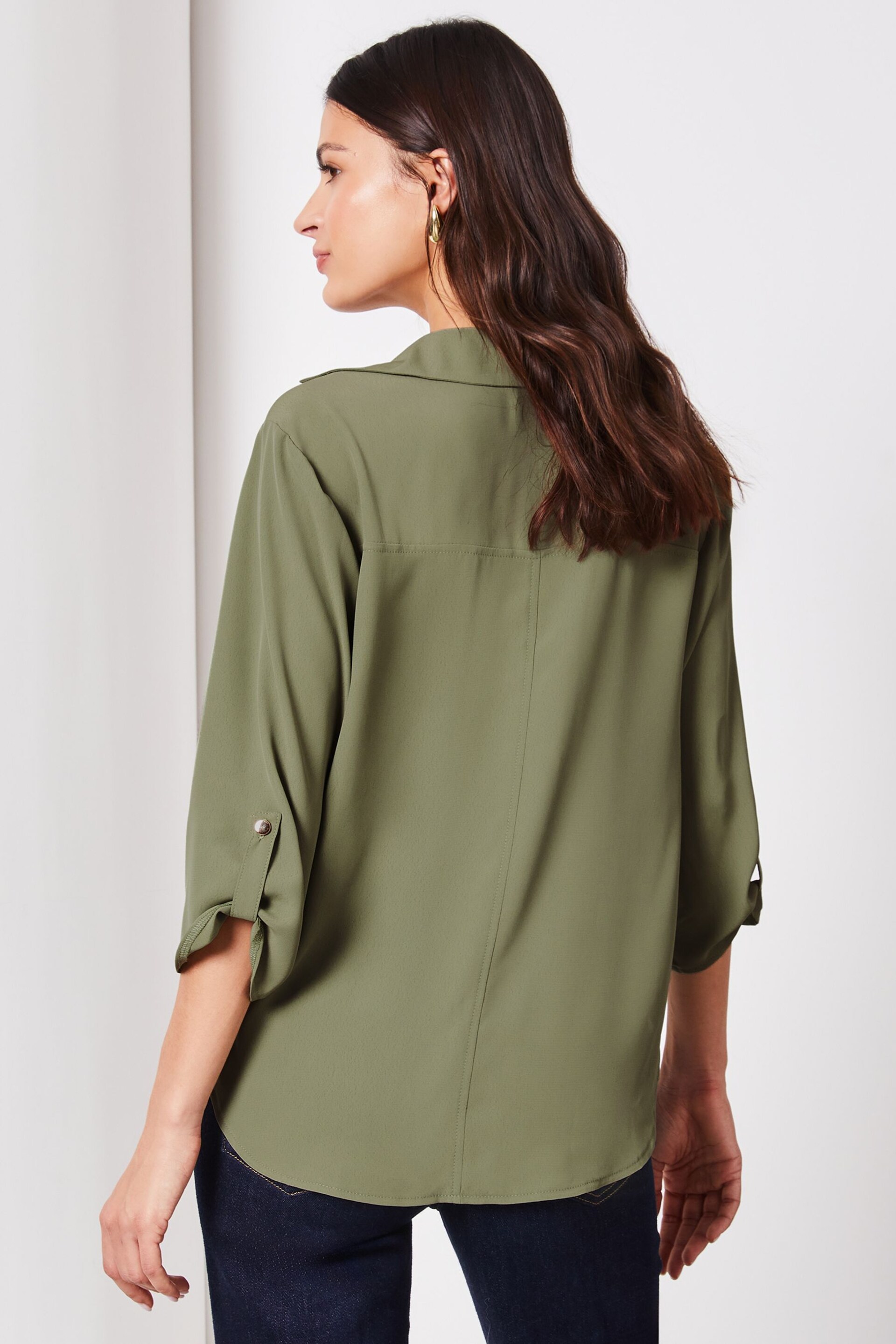 Lipsy Moss Green Petite V Neck 3/4 Sleeve Collared Blouse - Image 2 of 4