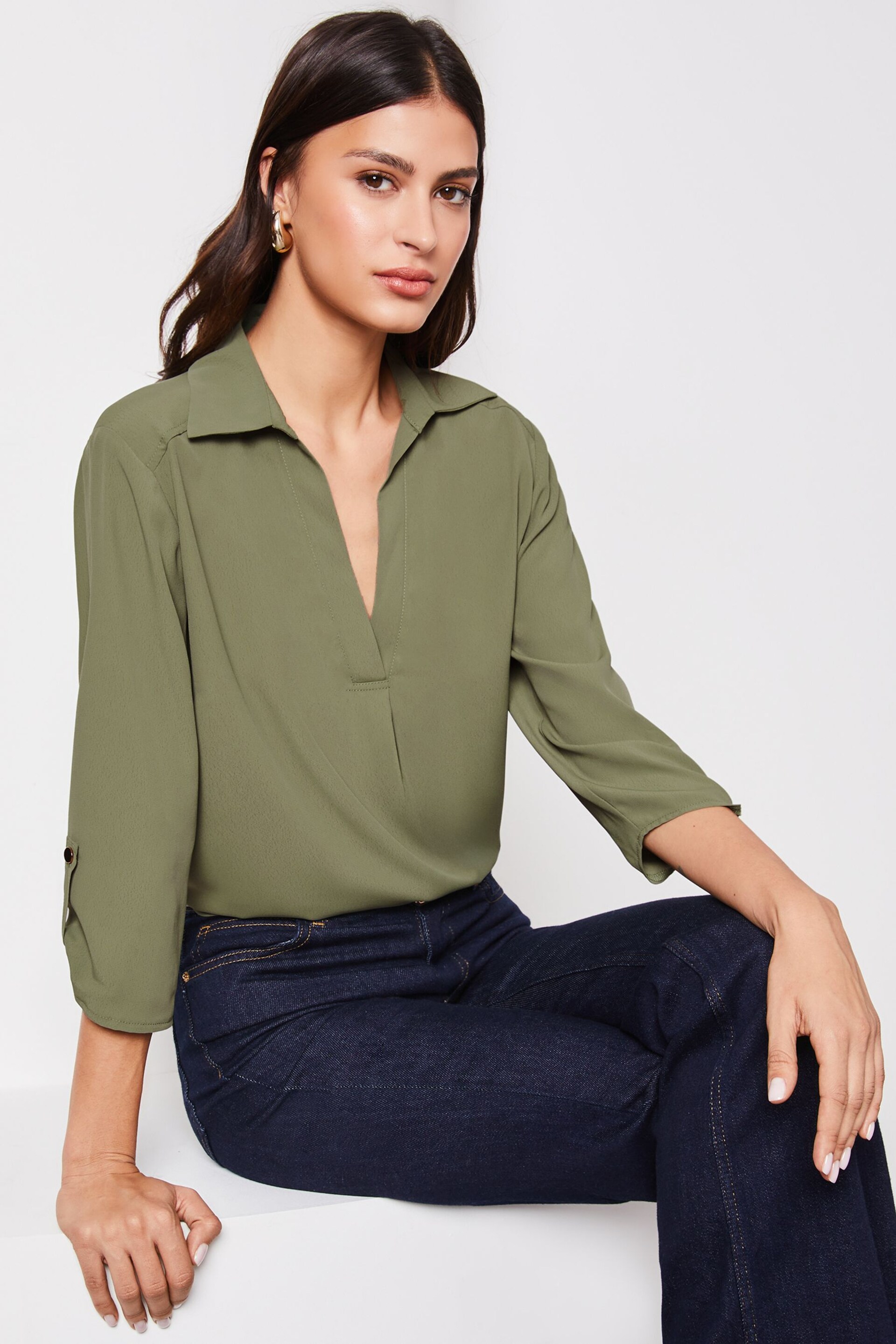 Lipsy Moss Green Petite V Neck 3/4 Sleeve Collared Blouse - Image 4 of 4