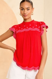 Love & Roses Red and Pink Embroidery Flutter Sleeve Shell Top - Image 1 of 4