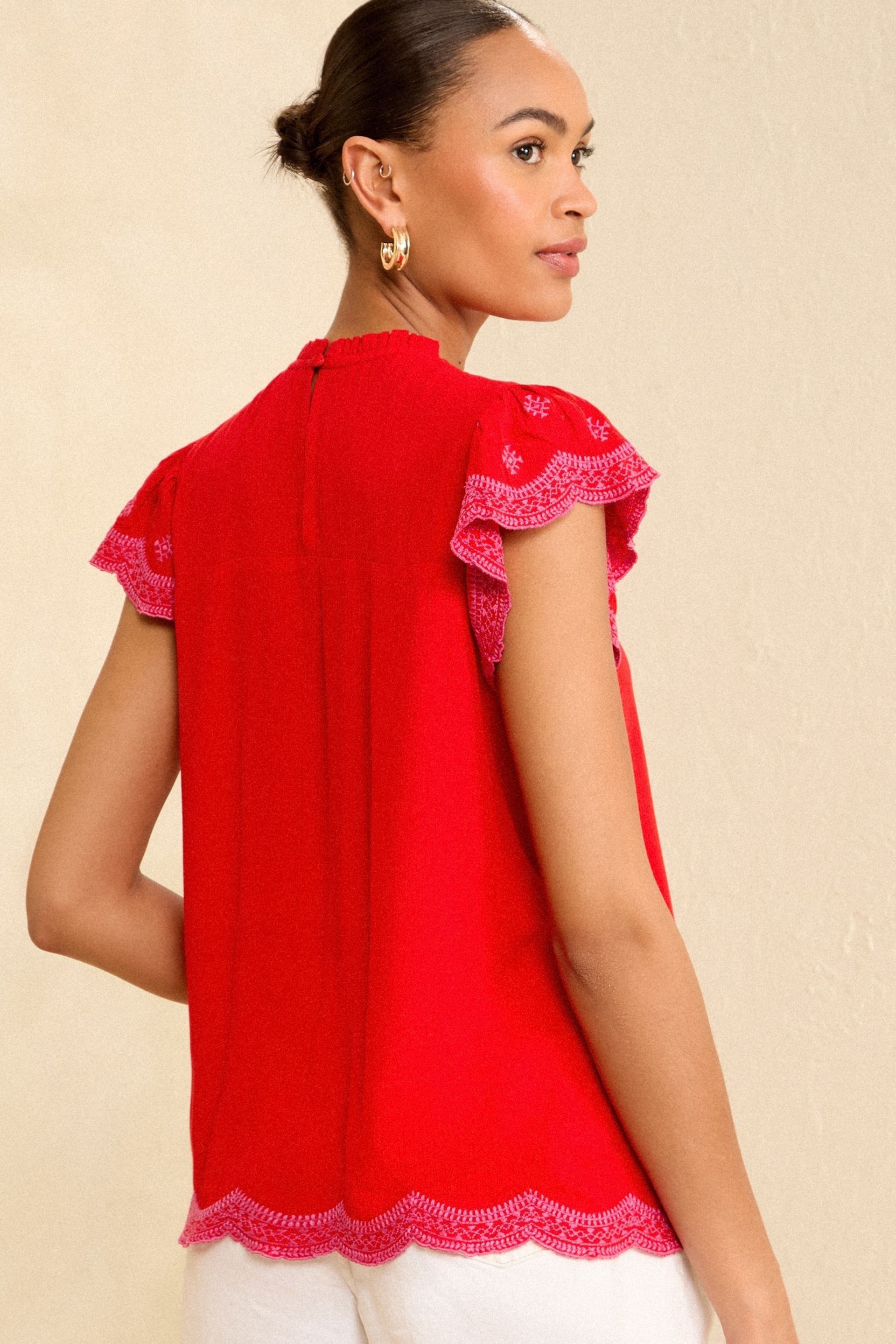 Love & Roses Red and Pink Embroidery Flutter Sleeve Shell Top - Image 3 of 4