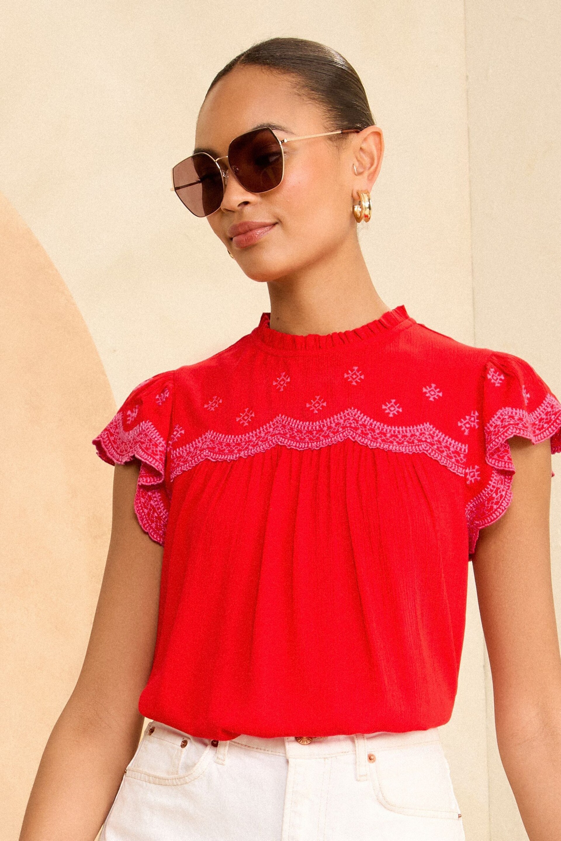 Love & Roses Red and Pink Embroidery Flutter Sleeve Shell Top - Image 4 of 4