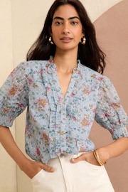 Love & Roses Blue Floral Dobby Embroidered V Neck 3/4 Sleeve Blouse - Image 1 of 4