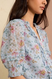 Love & Roses Blue Floral Dobby Embroidered V Neck 3/4 Sleeve Blouse - Image 2 of 4