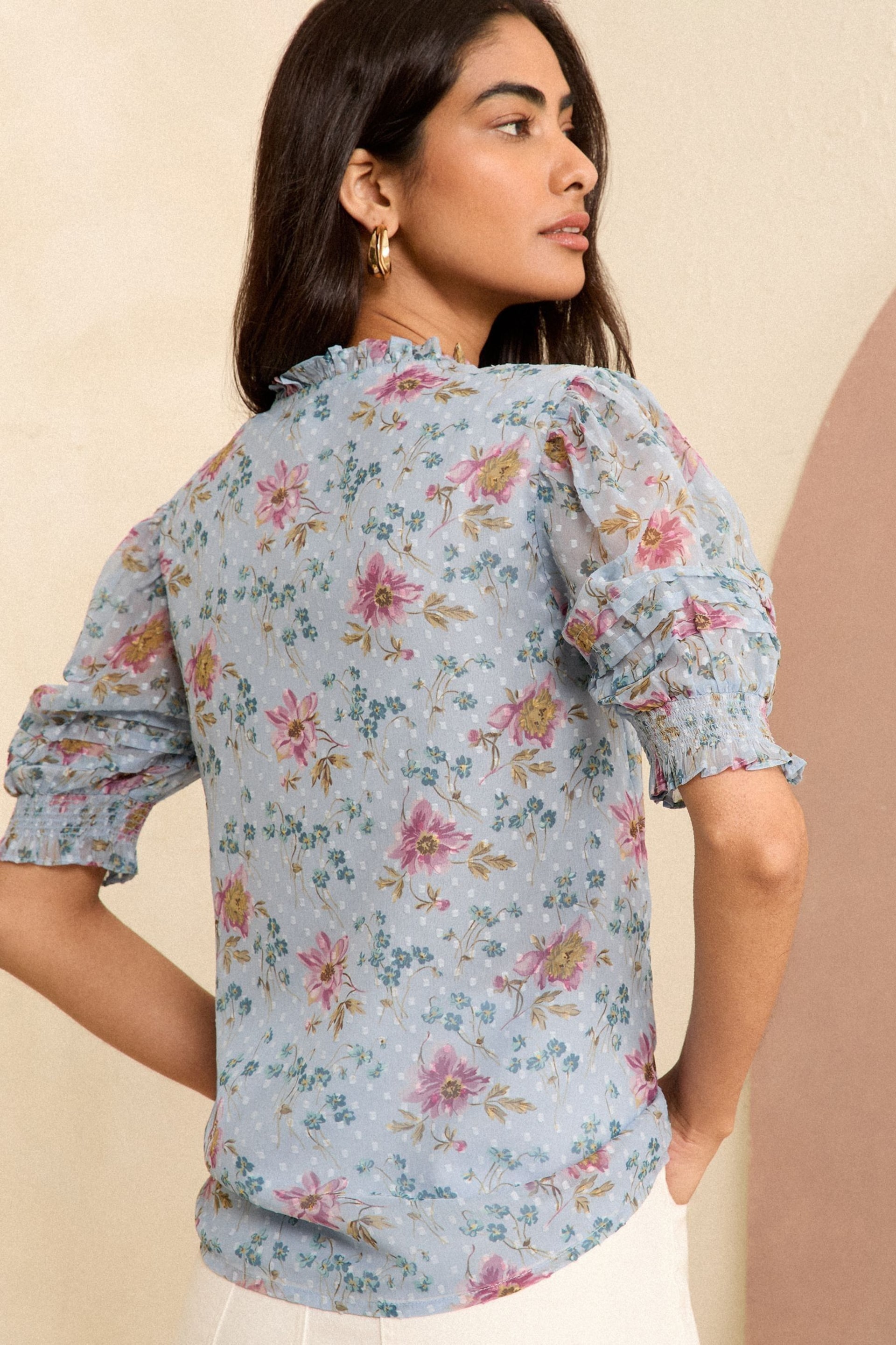 Love & Roses Blue Floral Dobby Embroidered V Neck 3/4 Sleeve Blouse - Image 3 of 4