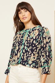 Love & Roses Navy Blue Printed Tipped 3/4 Sleeve Keyhole Blouse - Image 1 of 4