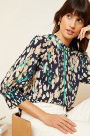 Love & Roses Navy Blue Printed Tipped 3/4 Sleeve Keyhole Blouse - Image 2 of 4