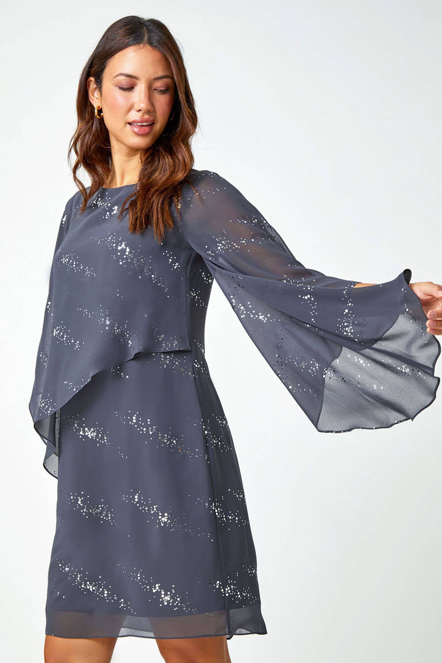 Embellished neck asymmetric hem chiffon overlay dress clearance