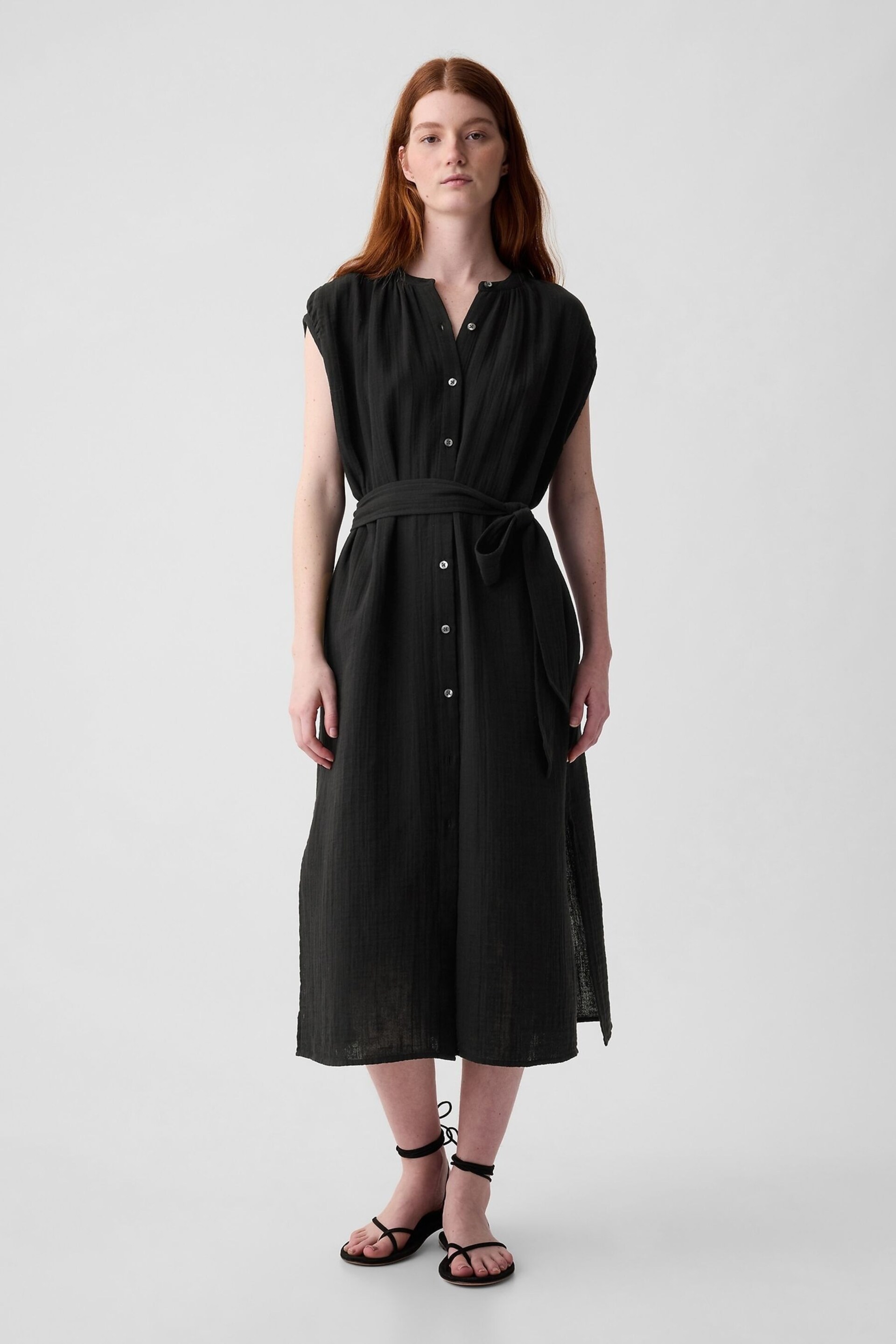 Gap Black Crinkle Cotton Belted Midi Shirt Dress - Image 1 of 3