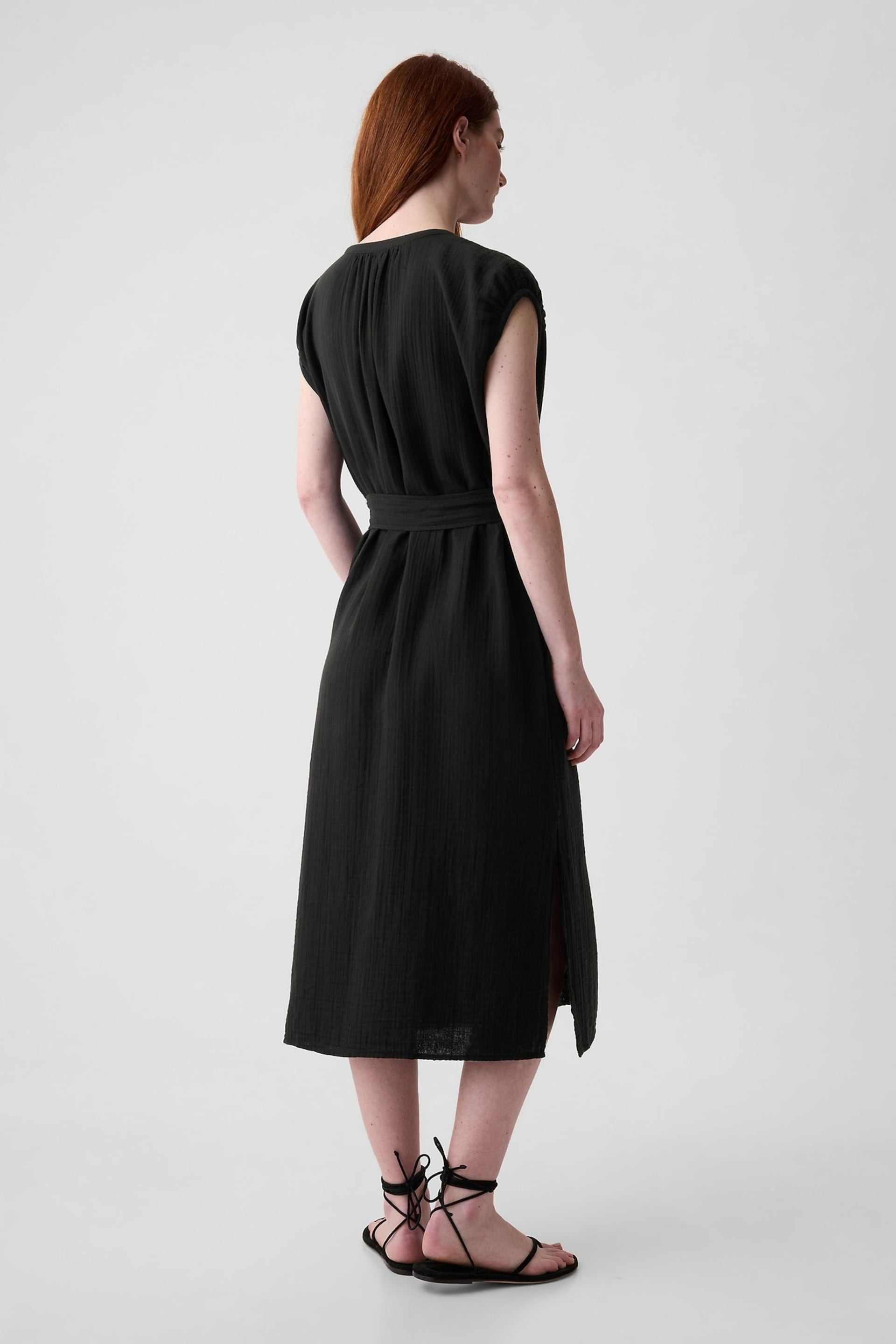 Gap Black Crinkle Cotton Belted Midi Shirt Dress - Image 2 of 3