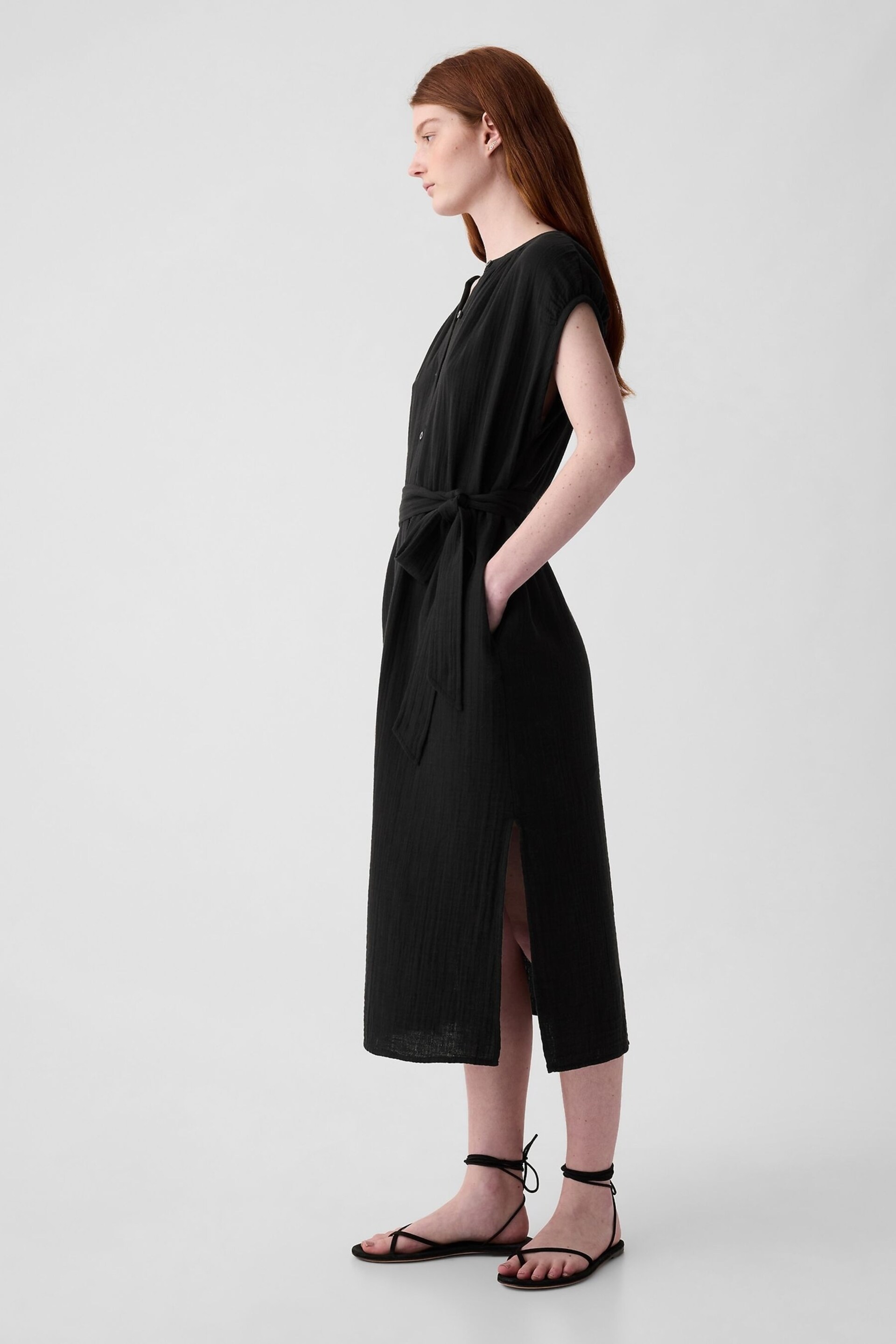 Gap Black Crinkle Cotton Belted Midi Shirt Dress - Image 3 of 3