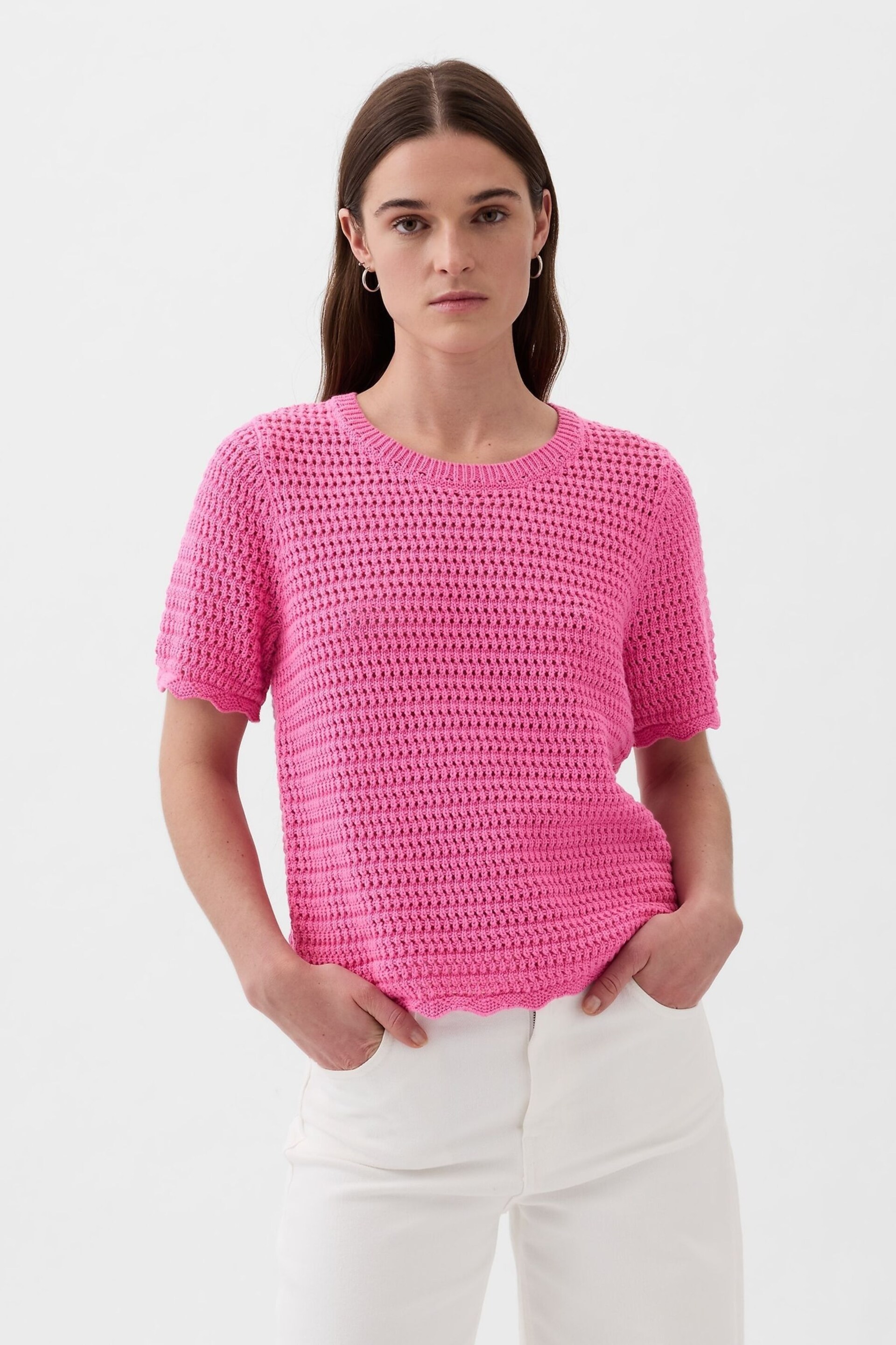 Gap Pink Crochet Crew Neck Short Sleeve Knit Jumper - Image 1 of 2