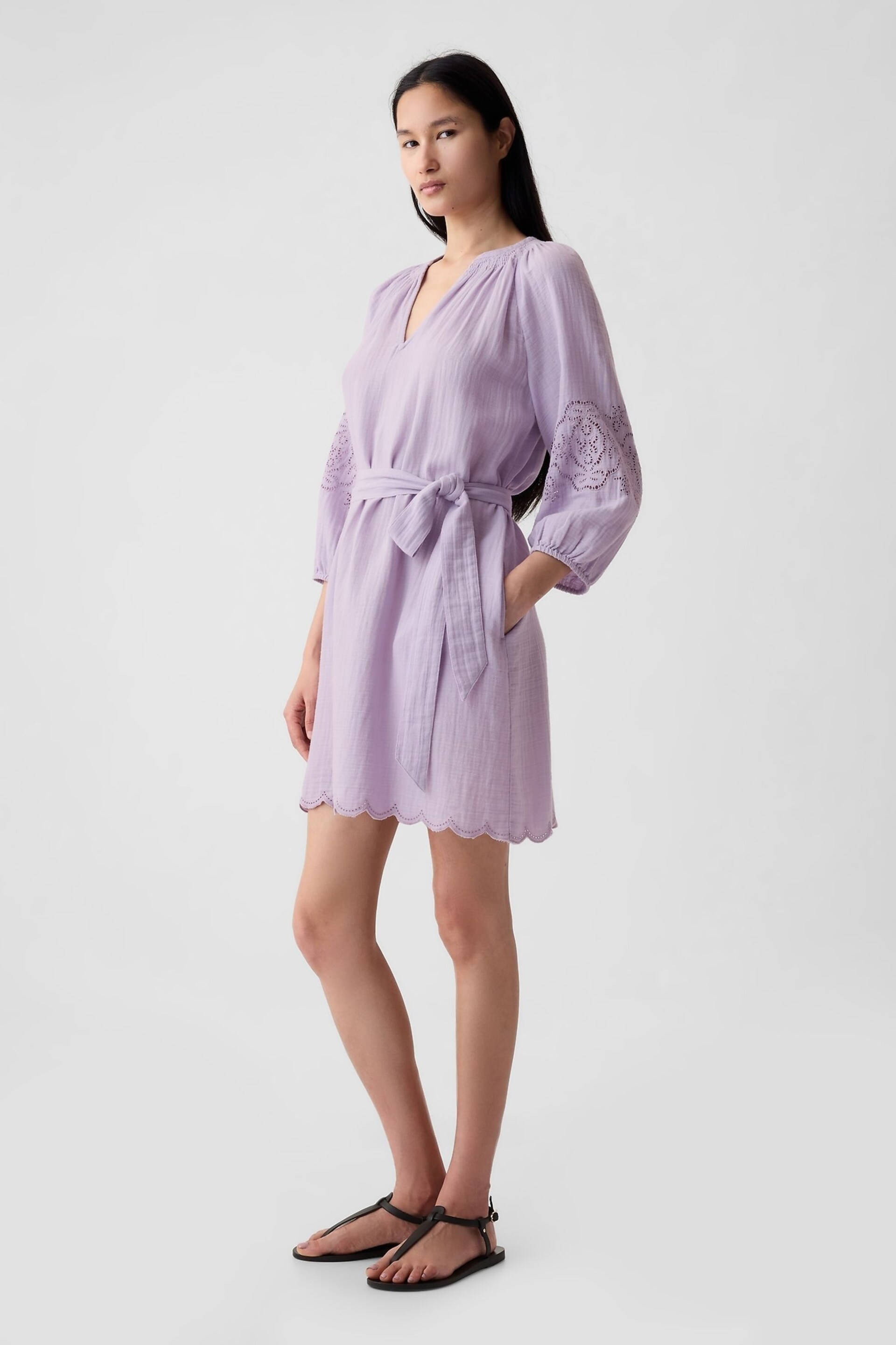Gap Purple Crinkle Cotton Embroidered Elbow Sleeve Mini Dress - Image 3 of 3
