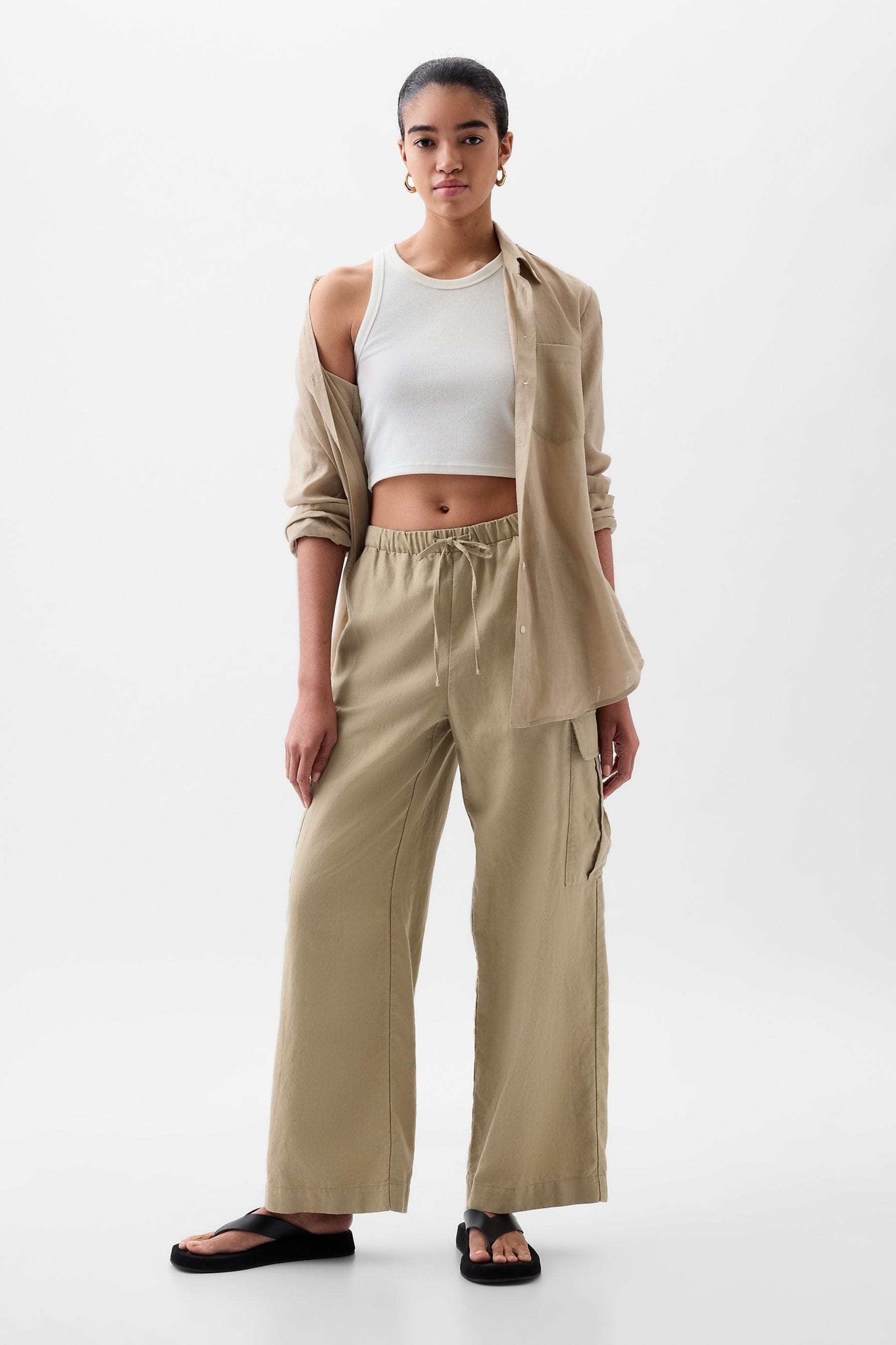 Buy Gap Beige Linen Cotton Blend Mid Rise Cargo Trousers from Next Luxembourg