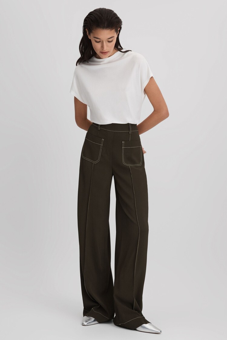 Buy Reiss Khaki Kylie Contrast Stitch Wide Leg Trousers from Next  