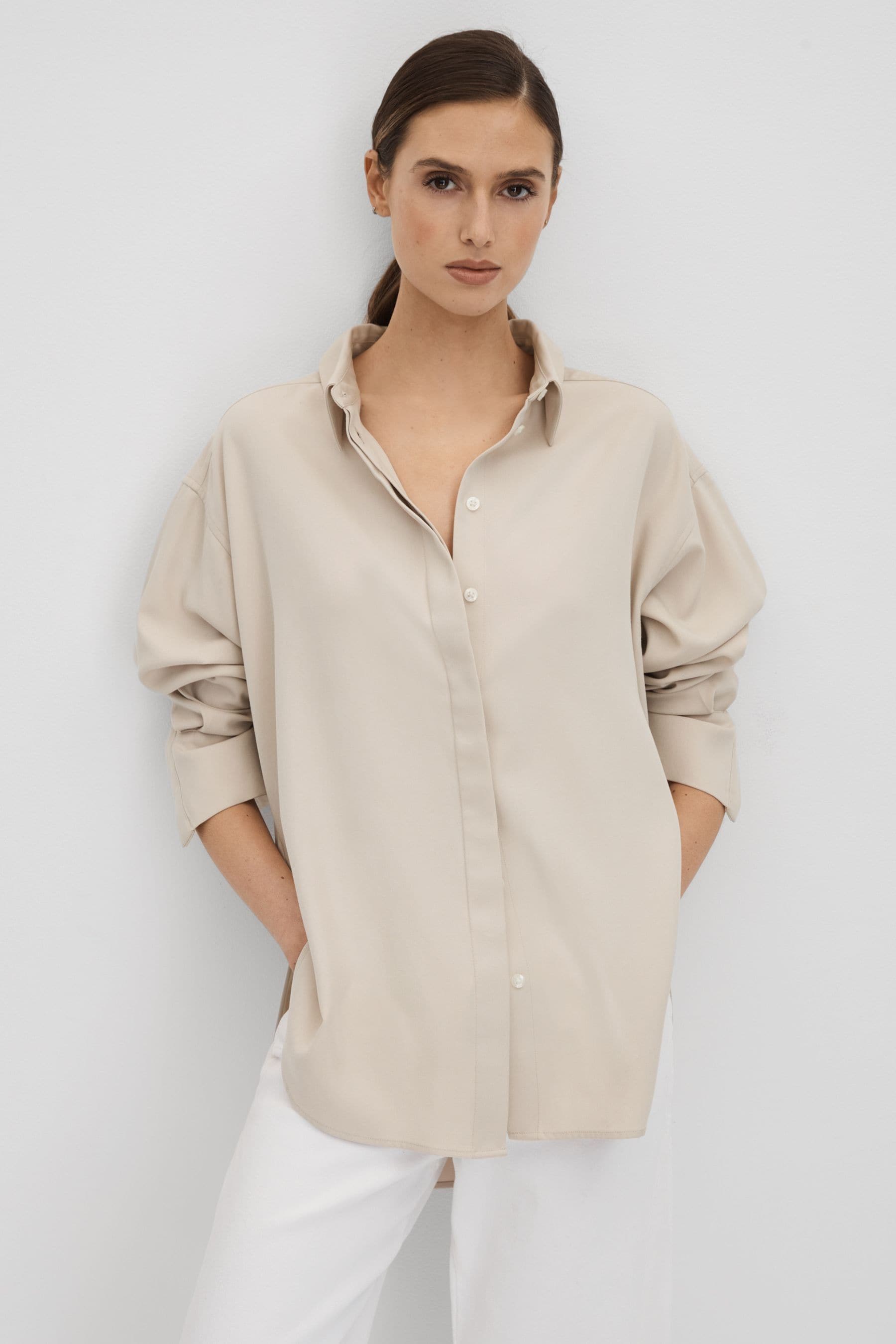 Buy Reiss Nude Danielle Split Hem Button Through Shirt from the Next UK online shop