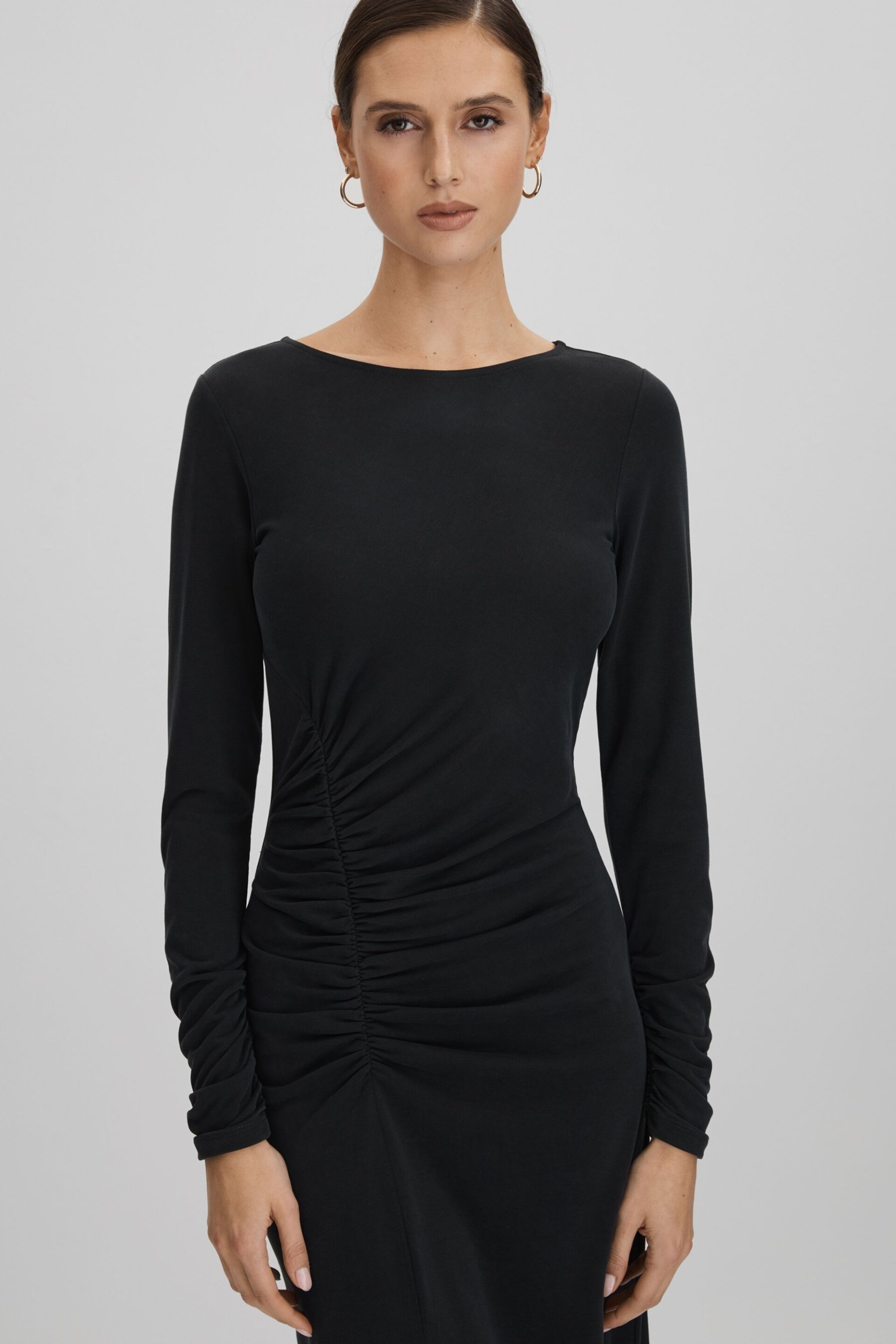 Reiss Charcoal Lana Ruched Jersey Midi Dress - Image 3 of 6