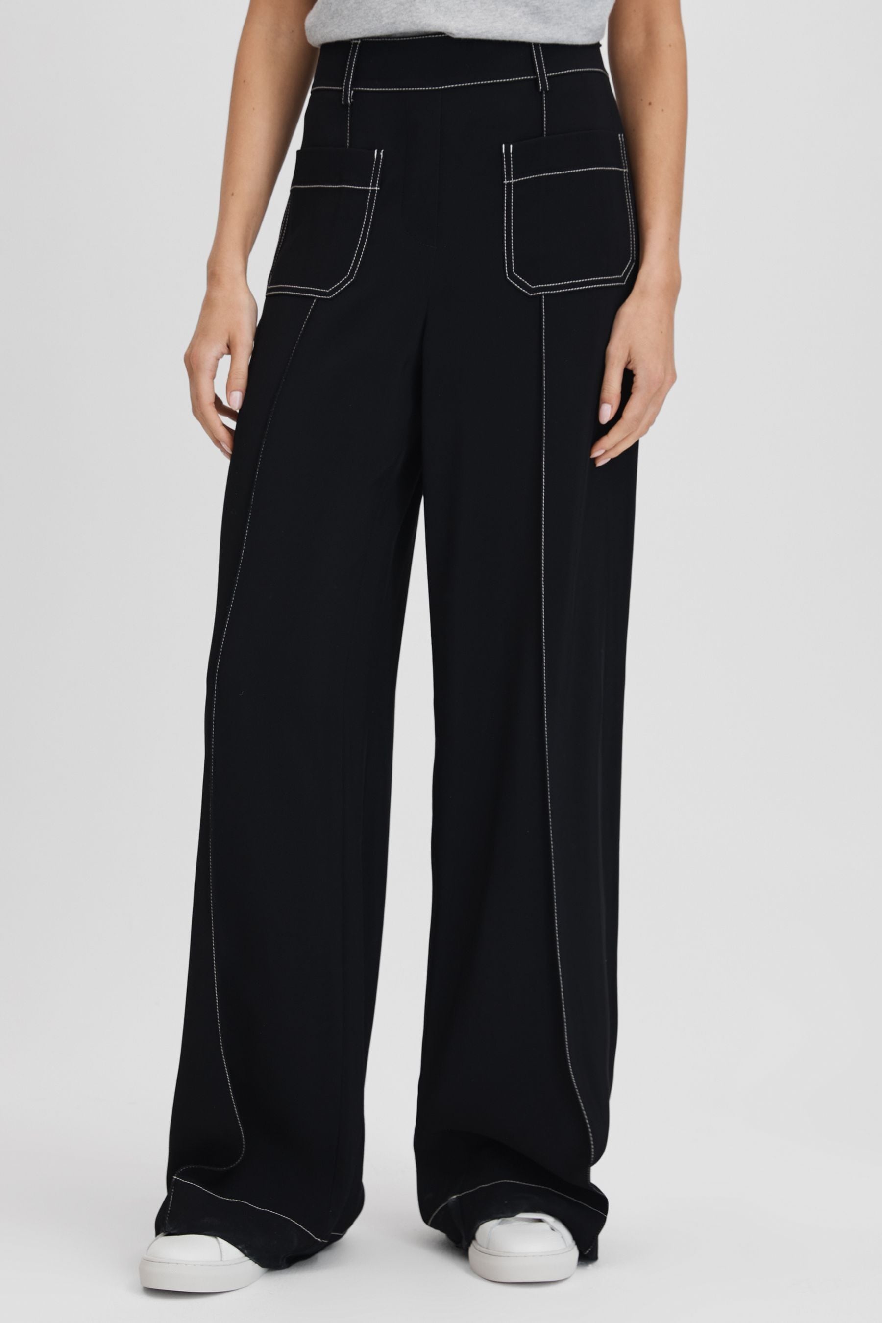 Buy Reiss Black Kylie Petite Contrast Stitch Wide Leg Trousers from Next Ukraine