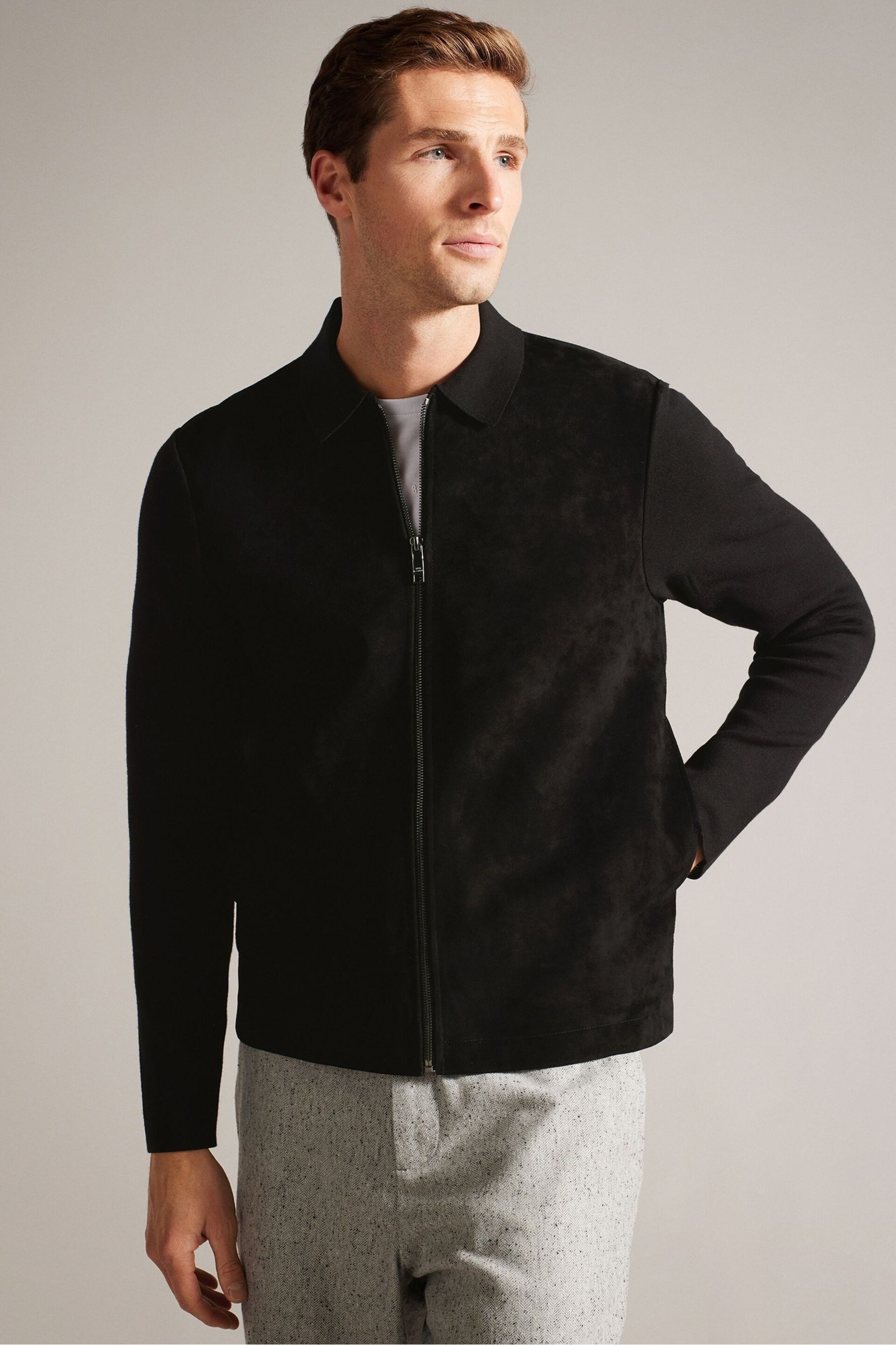 Ted Baker Black Long Sleeve Pieter Suede Front Zip Through Jacket - Image 1 of 7