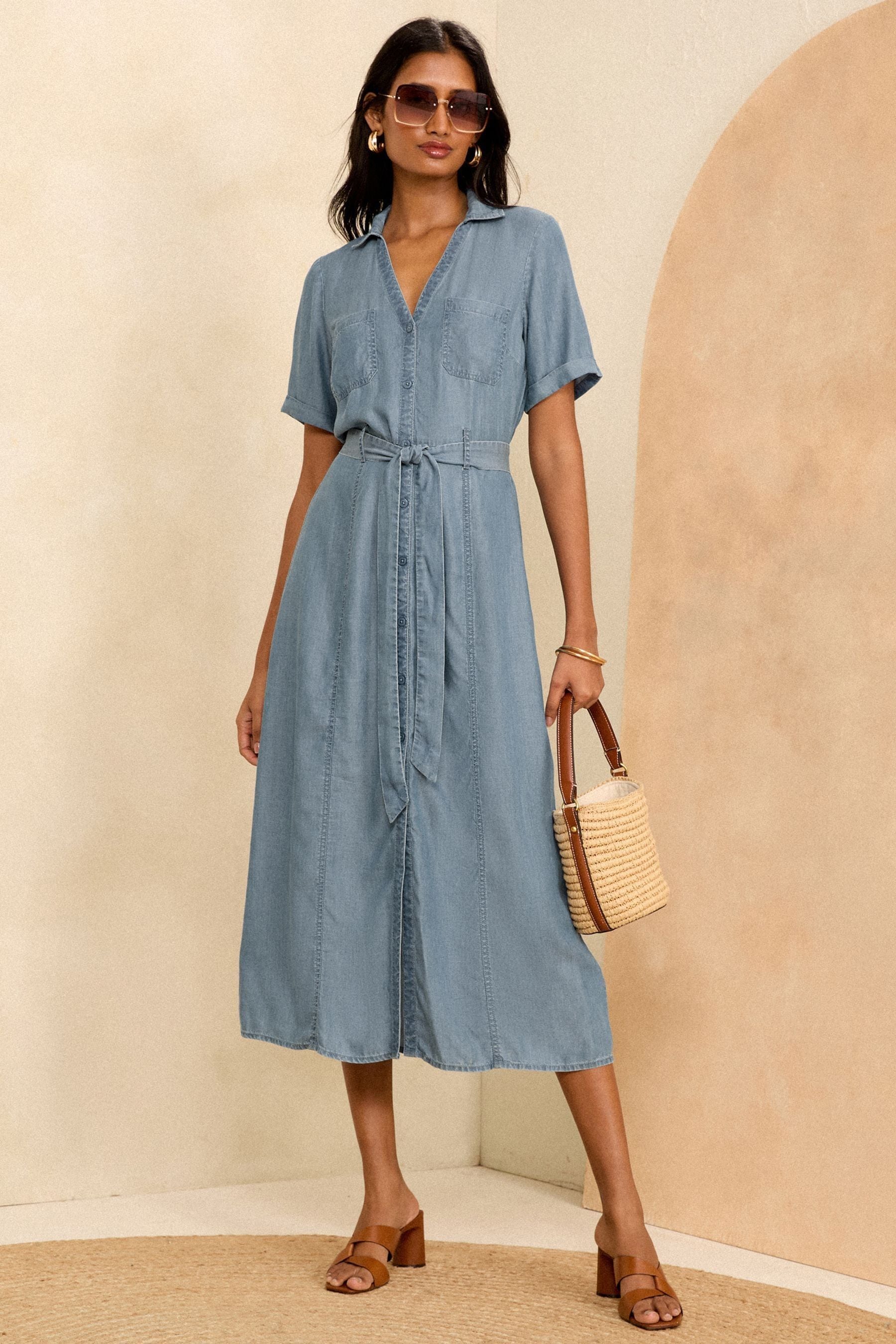 Womens Love Roses Blue TENCEL Short Sleeve Belted Shirt Dress