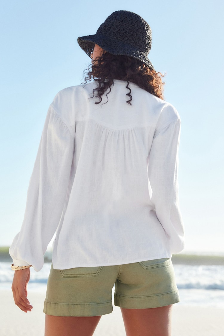 White Long Sleeve V-Neck Button Front Blouse With Linen - Image 2 of 6