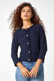 Roman Blue Button Detail Fringe Knit Jacket - Image 1 of 5