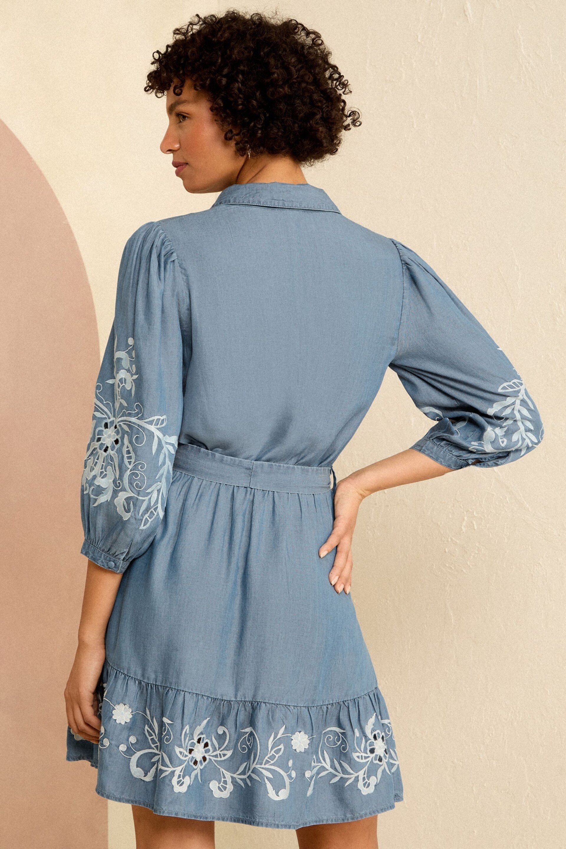 Love & Roses Blue TENCEL™ Embroidered V Neck Belted Mini Dress - Image 2 of 4