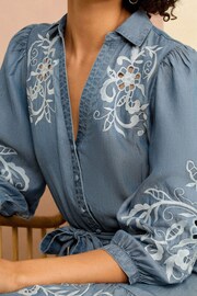 Love & Roses Blue TENCEL™ Embroidered V Neck Belted Mini Dress - Image 3 of 4
