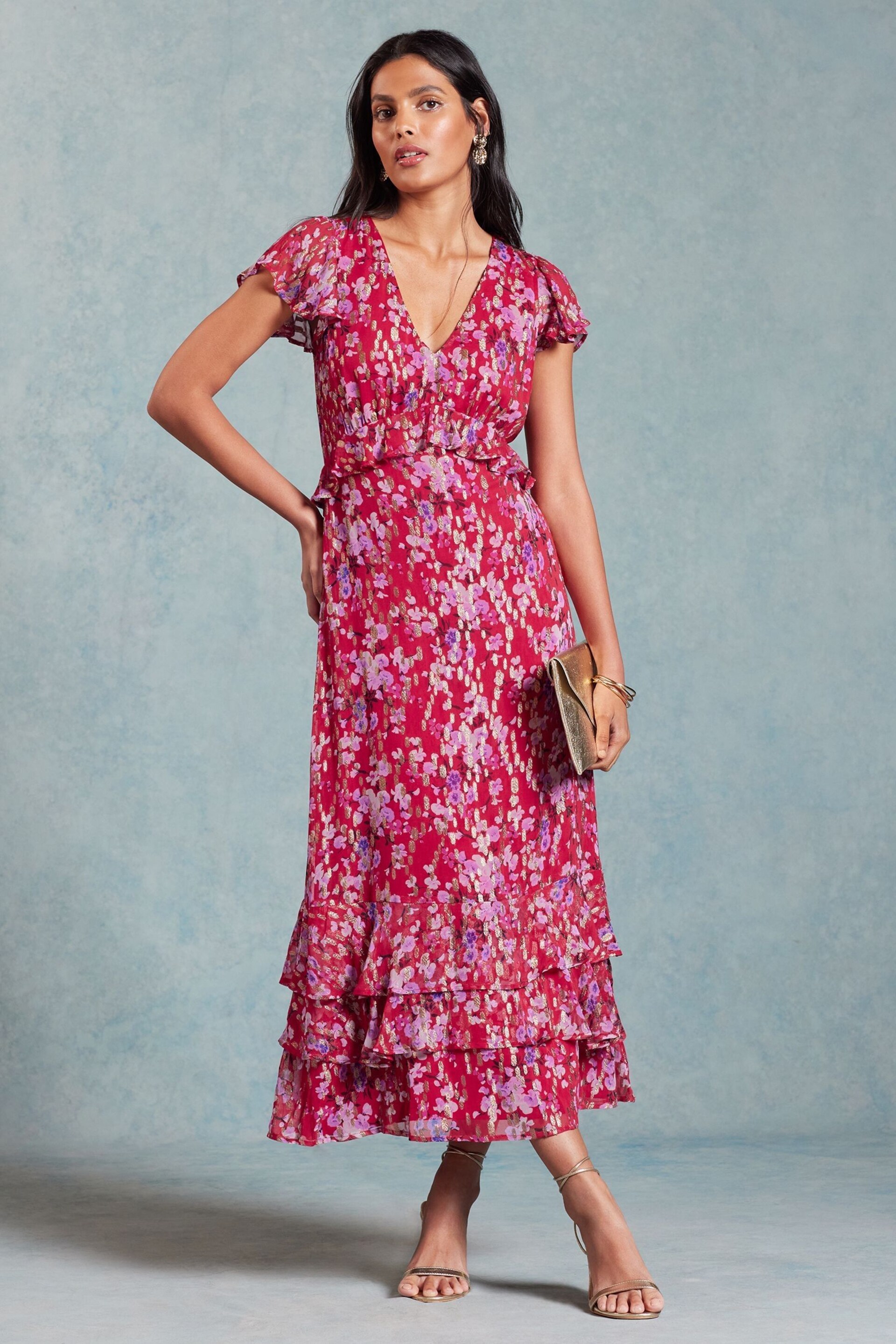 Love & Roses Red Floral Metallic Ruffle Detail Cap Sleeve Midi Dress - Image 1 of 4