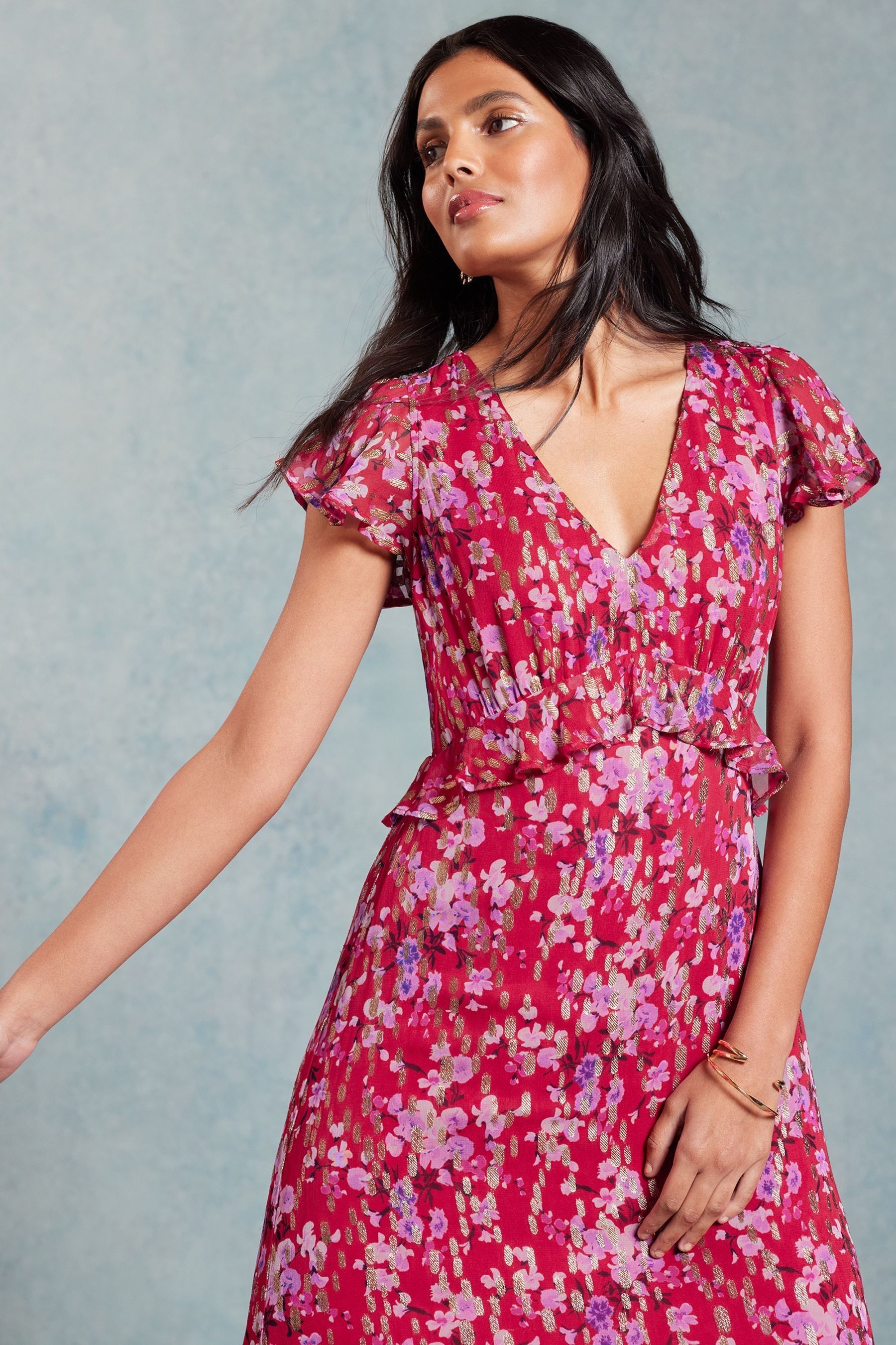 Red floral dress midi online