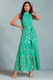 Love & Roses Green Metallic Petite Halterneck Belted Ruffle Maxi Dress - Image 1 of 4