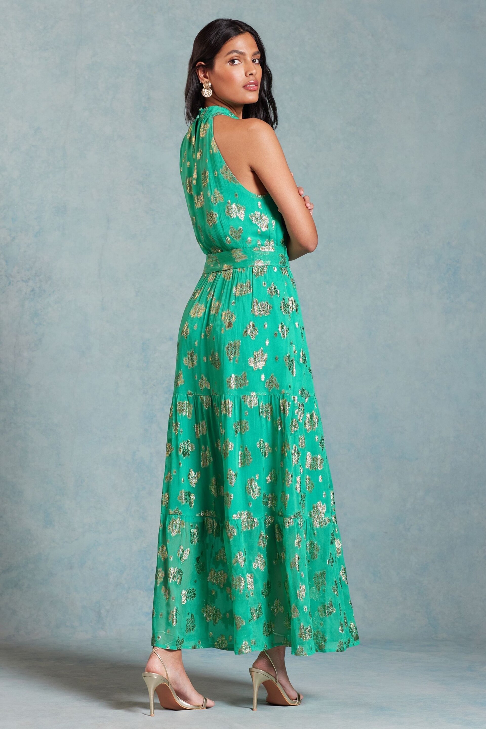 Love & Roses Green Metallic Petite Halterneck Belted Ruffle Maxi Dress - Image 3 of 4