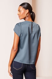 Lipsy Petrol Blue Tulip Sleeve Round Neck Button Detail Satin Top - Image 3 of 4