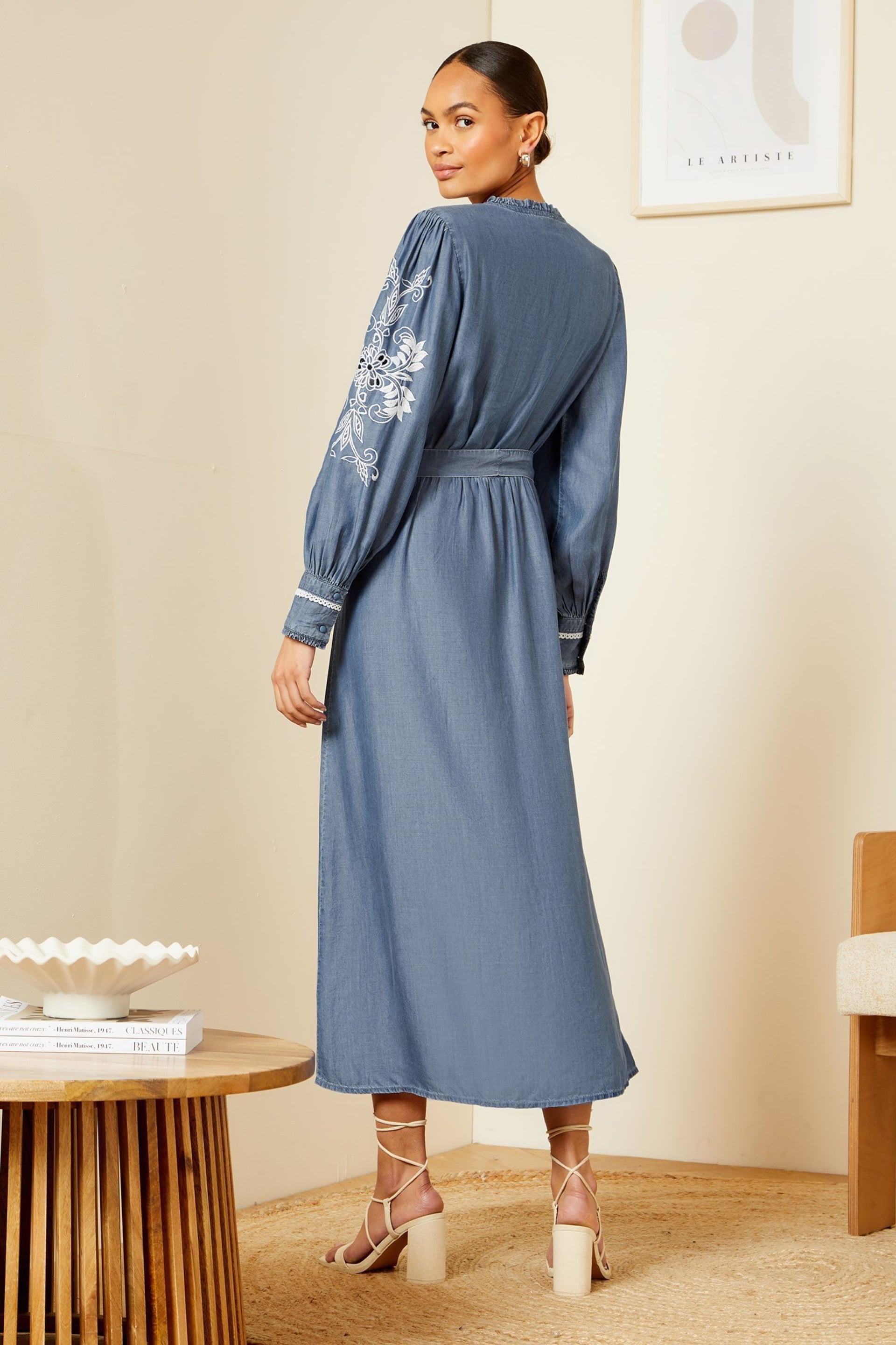 Love & Roses Blue Petite Embroidered TENCEL™ Belted Midi Shirt Dress - Image 3 of 4