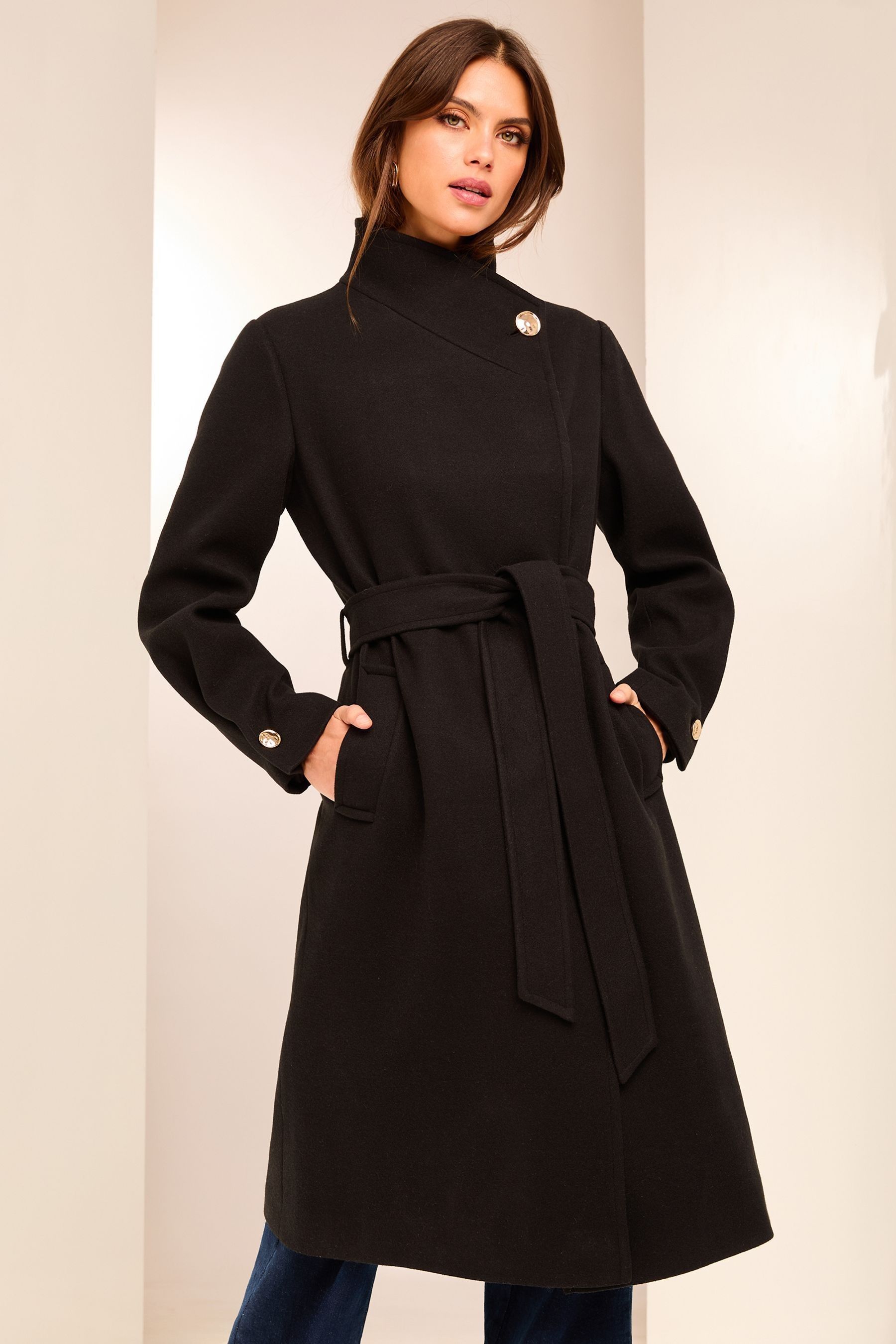 Lipsy Black Funnel Neck Wrap Belted Coat With Wool