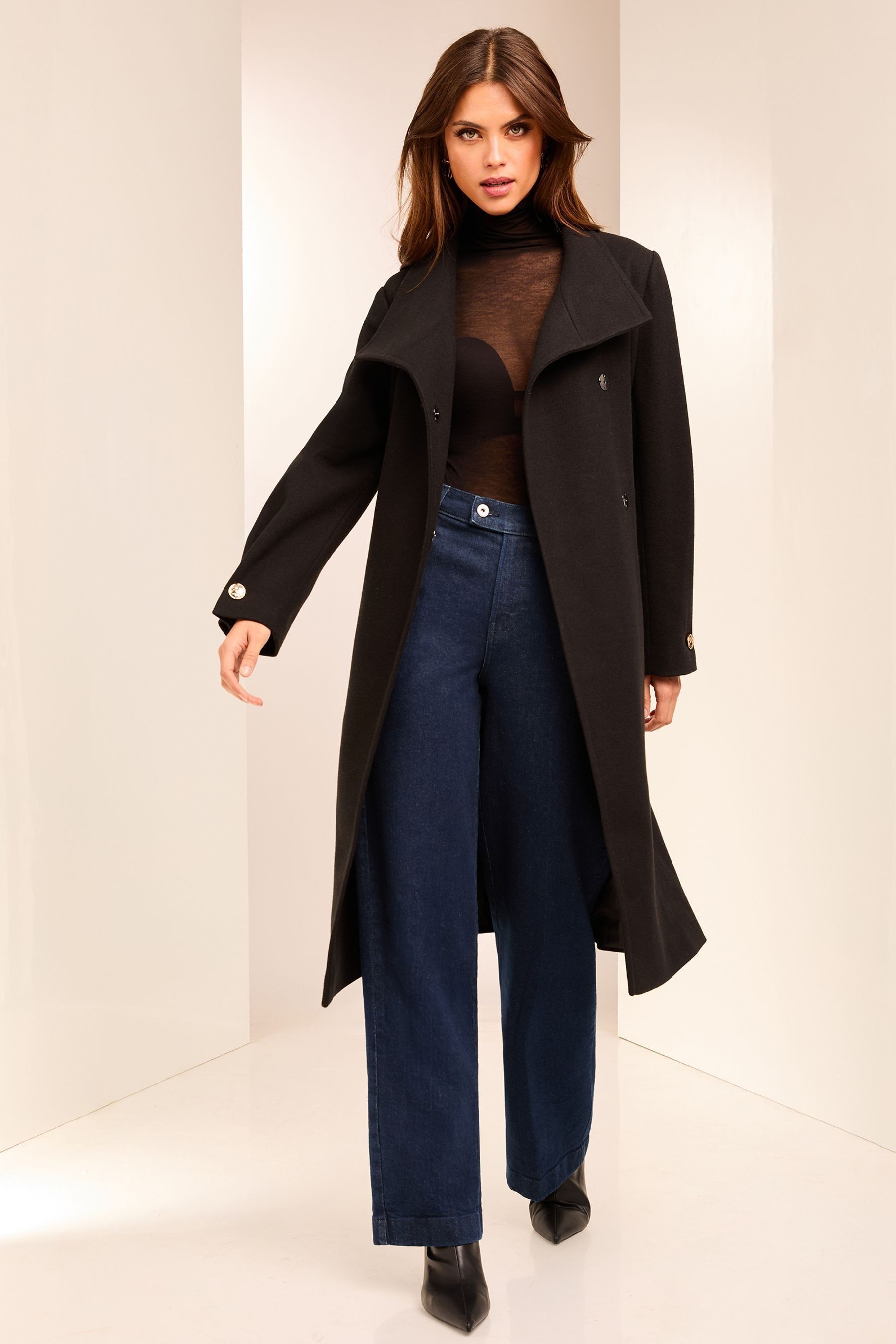 Lipsy Black Funnel Neck Wrap Belted Coat With Wool