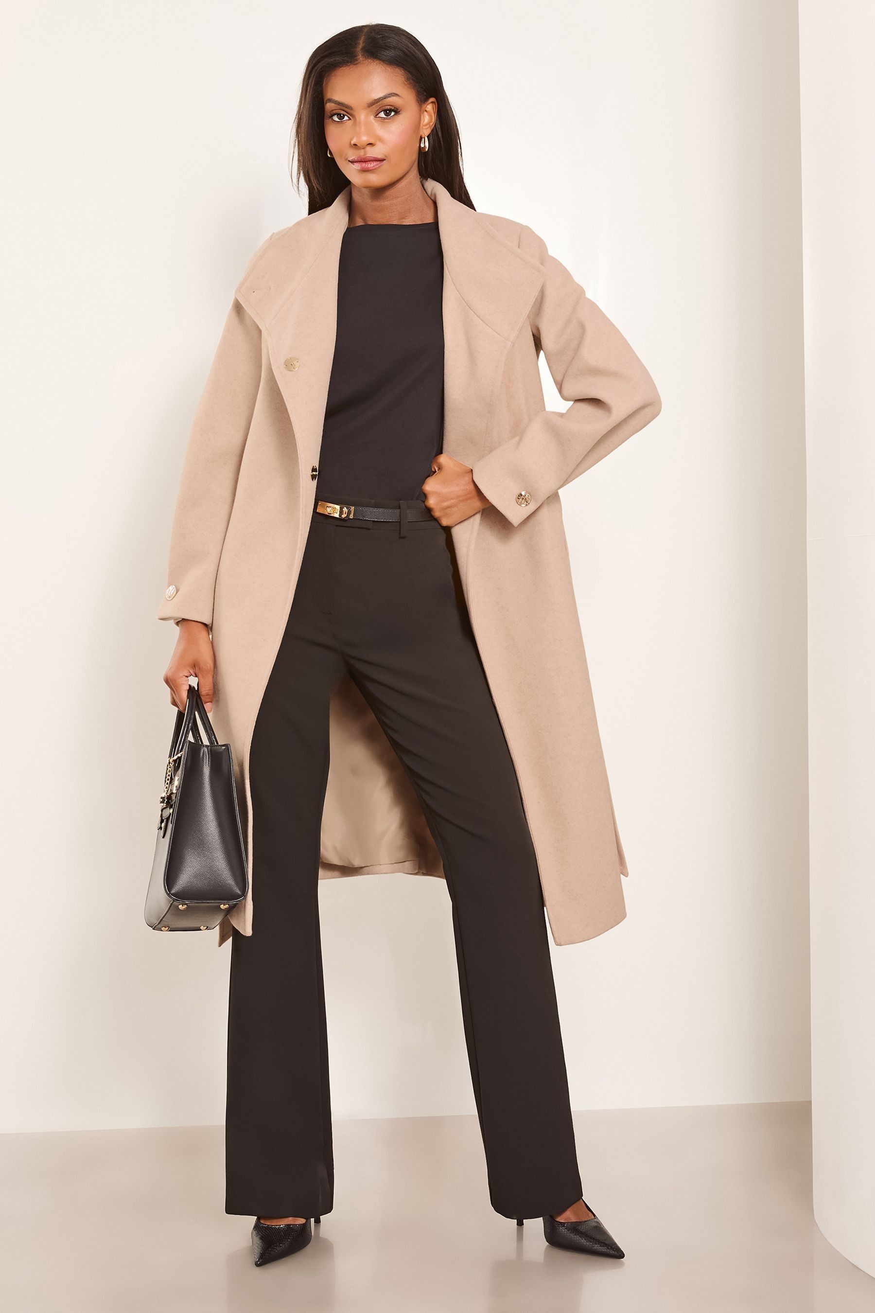 Lipsy Camel Funnel Neck Wrap Belted Coat With Wool