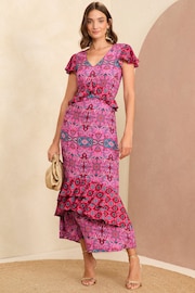 Love & Roses Pink Tile Ruffle Detail Cap Sleeve Midi Dress - Image 1 of 4