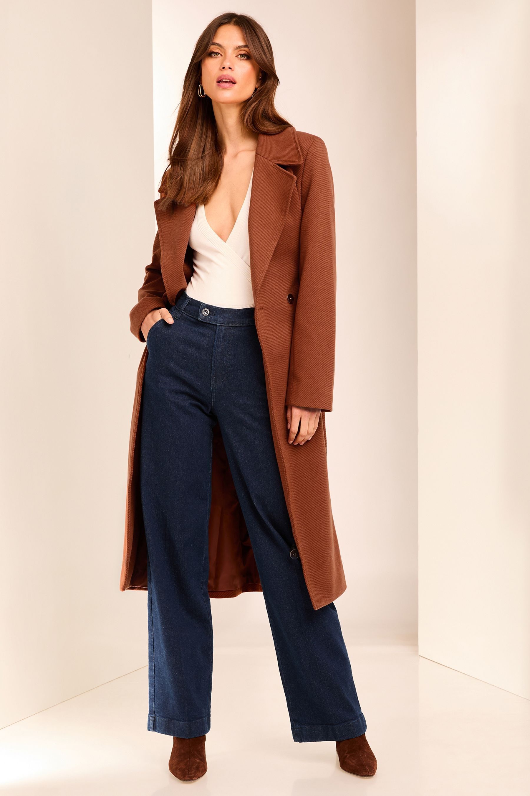 Buy Lipsy Rust Red Double Breasted Long Line Belted Coat from Next Oman